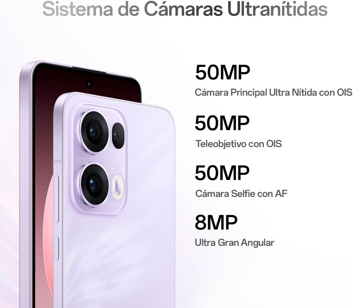 Telefon z trzema aparatami. Telefon jest liliowy. Specyfikacje obejmują aparat główny 50MP.