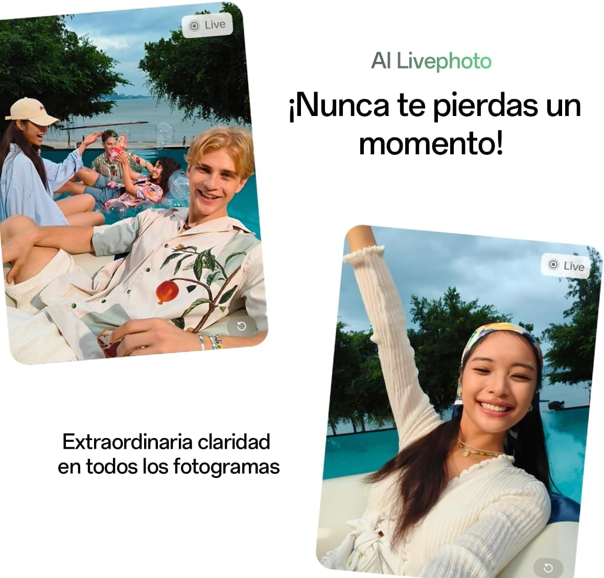 Dwie osoby na zdjęciu na ekranie telefonu, z tekstem w języku hiszpańskim: AI Livephoto.