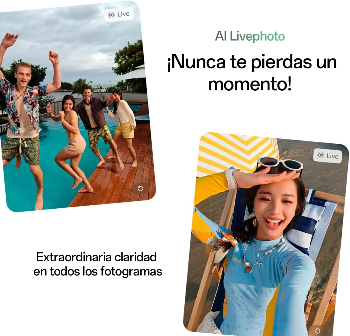 Ludzie skaczą do basenu, kobieta na plaży. Tekst: Live Photo. Nigdy nie przegap chwili!