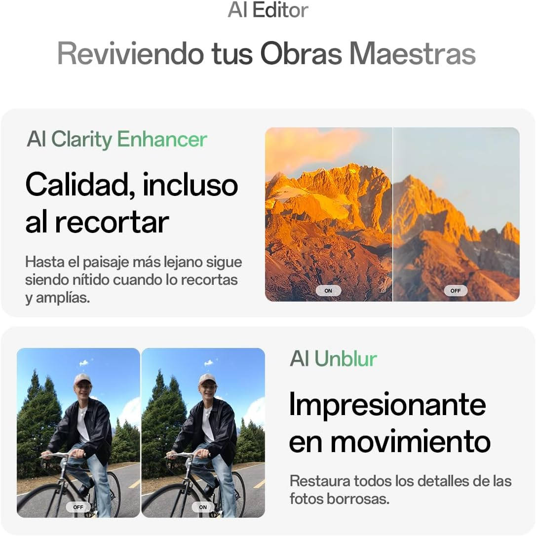 Funkcje edytora AI: ulepszacz klarowności AI i rozmycie AI, z obrazami przed i po, pokazującymi wyniki.