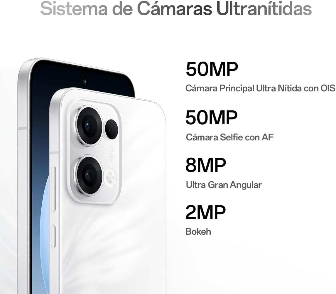 Biały smartfon z aparatami, pokazujący specyfikacje: 50MP główny, 50MP selfie, 8MP szerokokątny i 2MP bokeh.