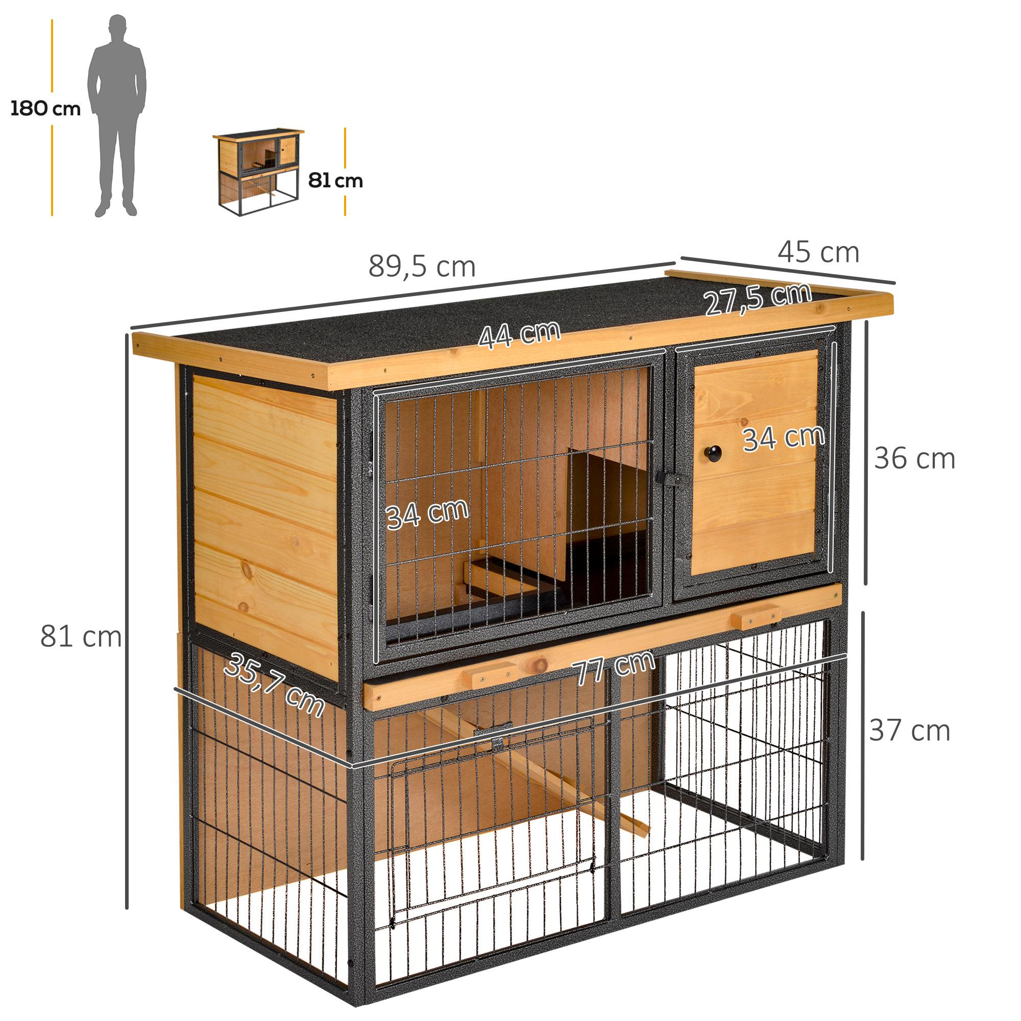 Conejera de madera con dimensiones etiquetadas: 89,5 cm de largo, 81 cm de alto. Incluye una puerta y una sección de malla metálica.