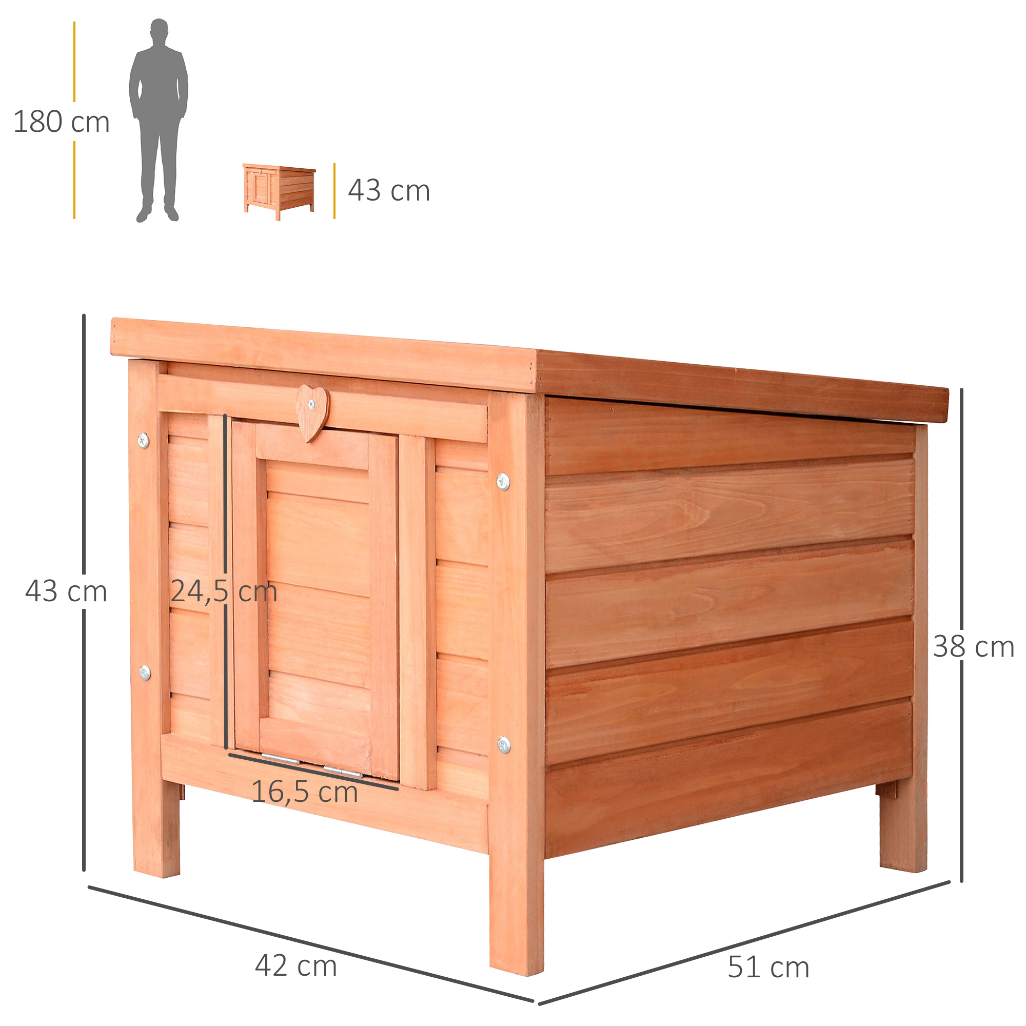 Casa de madera para mascotas con dimensiones y una persona para comparación de tamaño. Tiene una puerta y un techo inclinado.