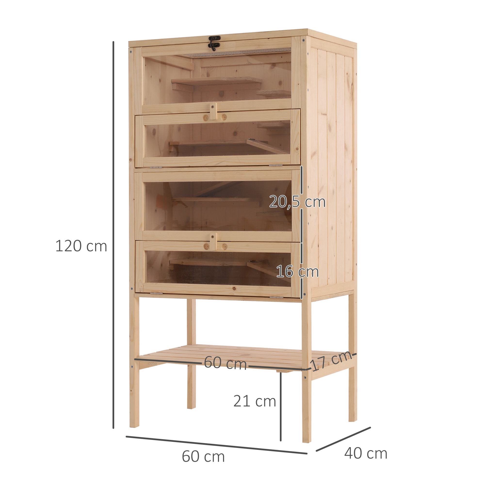 Un armario de almacenamiento de madera con tres puertas de cristal. Las dimensiones en cm están etiquetadas.