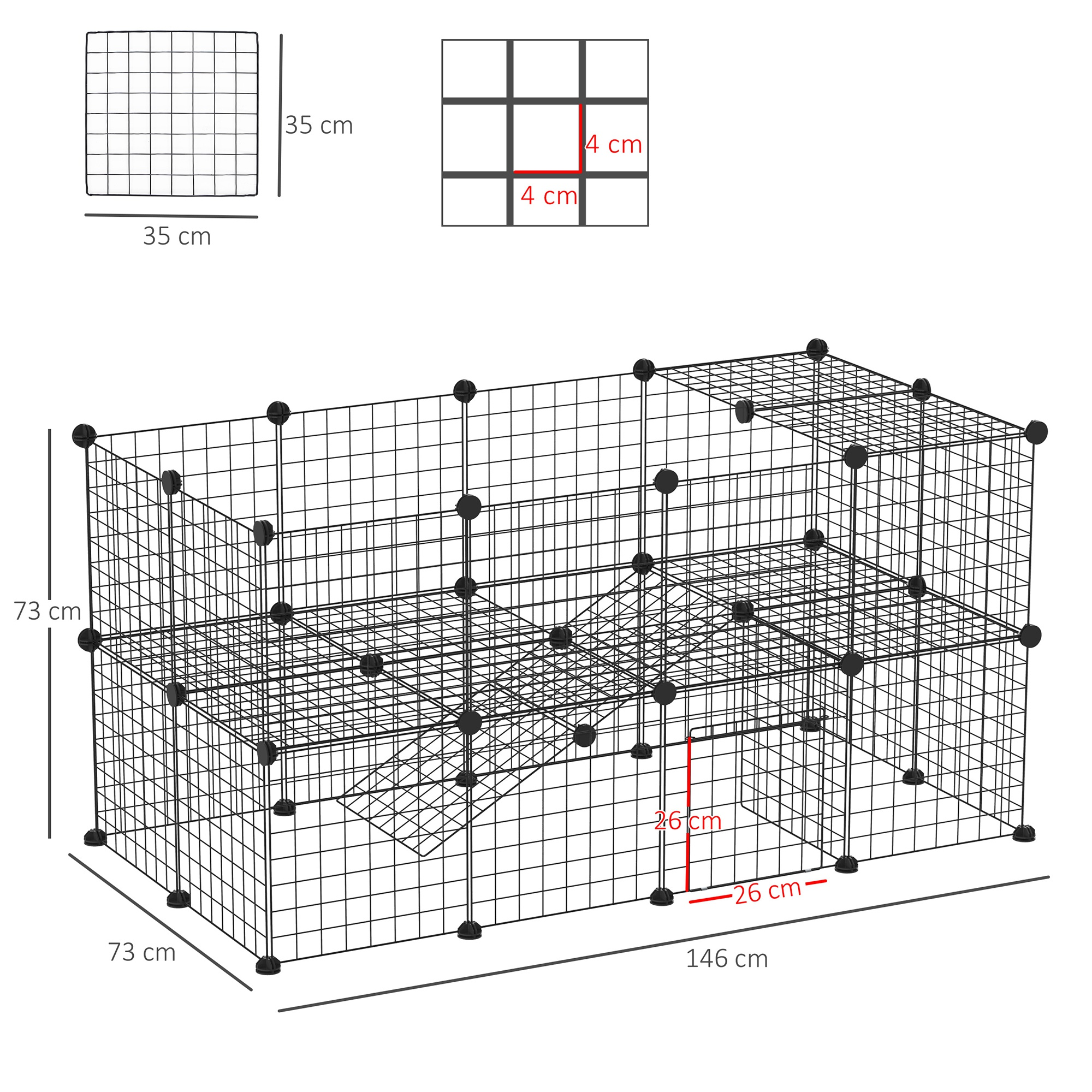 Se muestra un cerramiento de malla de alambre negro con medidas. Un diagrama resalta cuadrados de cuadrícula de 4 cm.