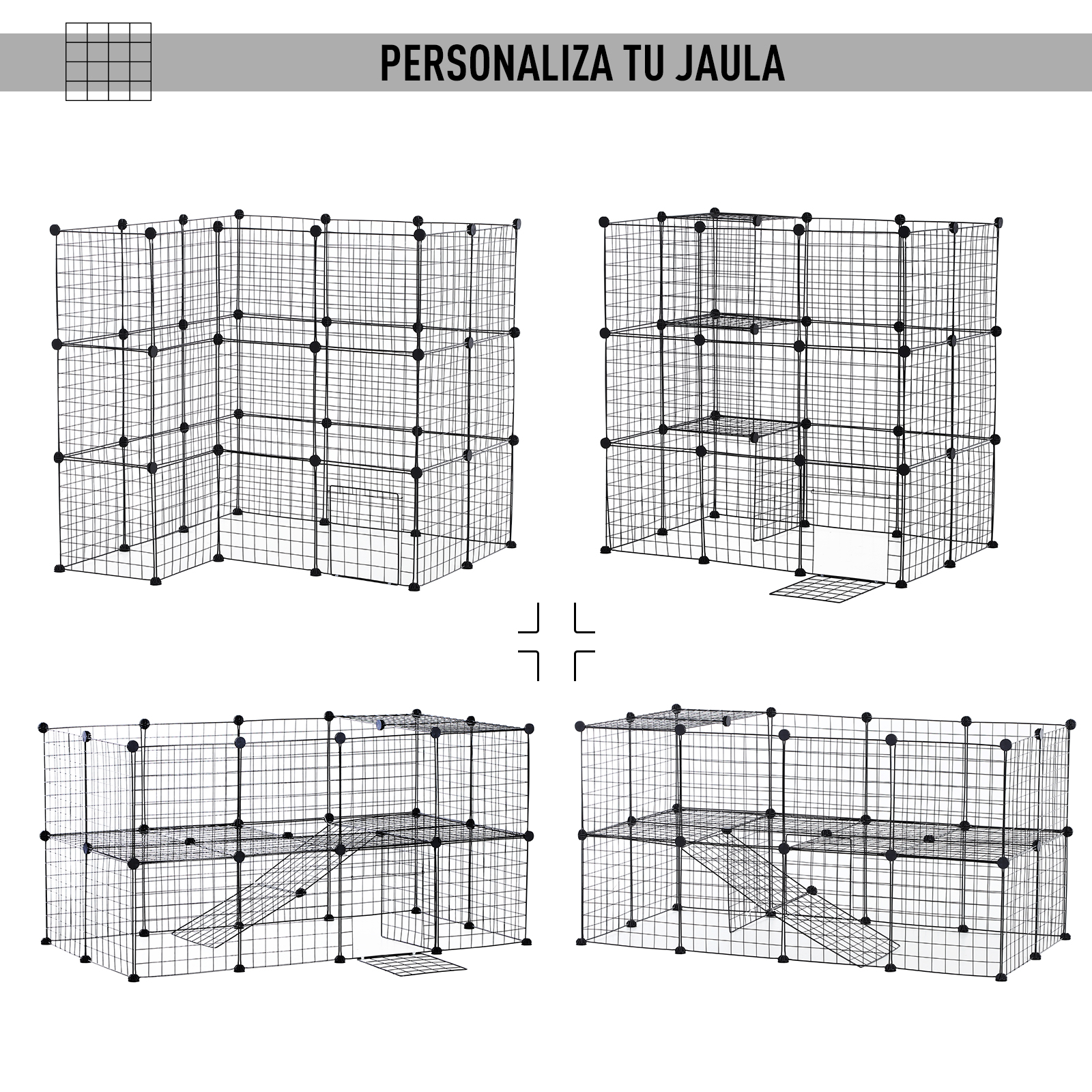 Sistema de jaula modular con paneles de alambre conectados, mostrado en varias configuraciones.