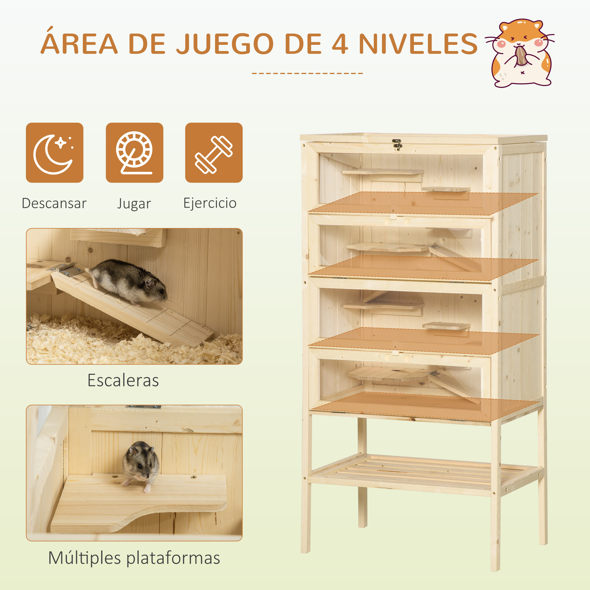 Un área de juego de hámster de madera con cuatro niveles, que incluye rampas y plataformas. Hámster presente.