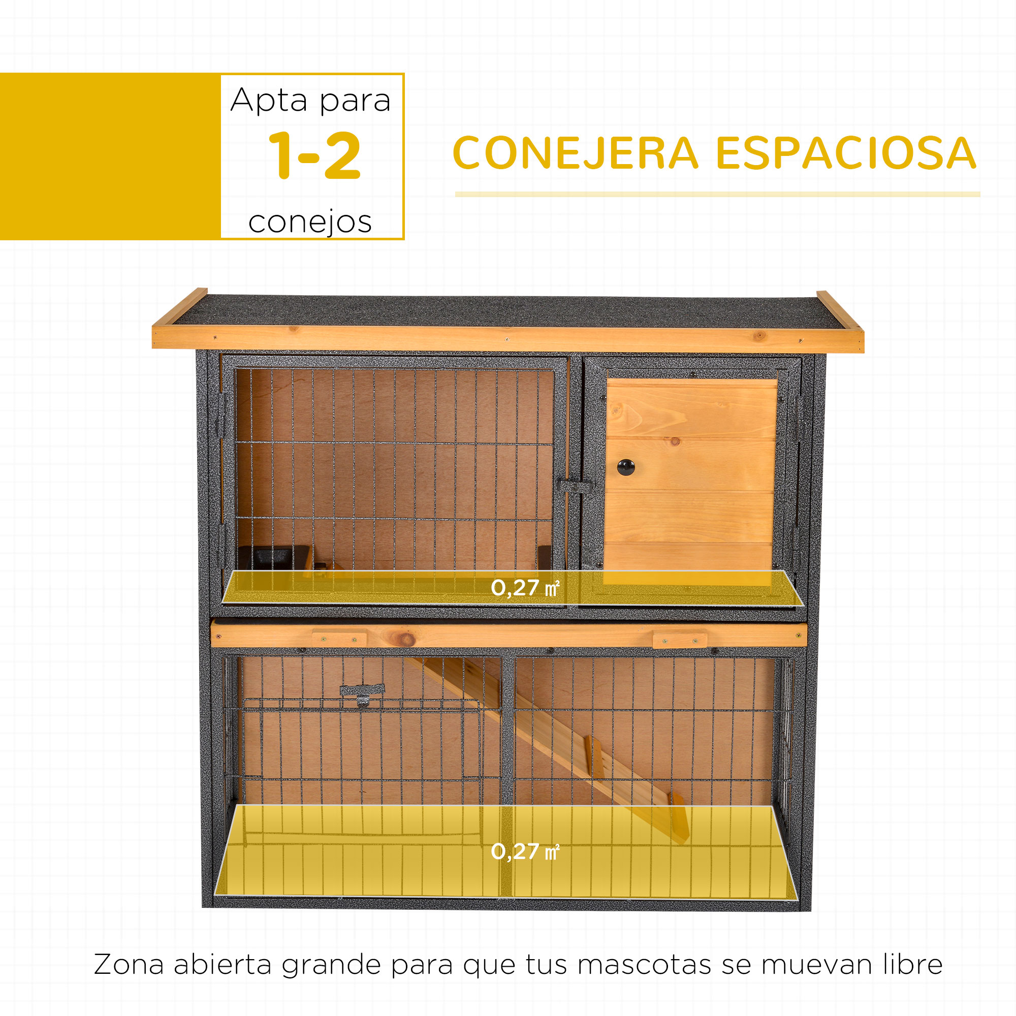 Conejera con dos niveles. Tiene una puerta de madera y paredes de malla metálica.