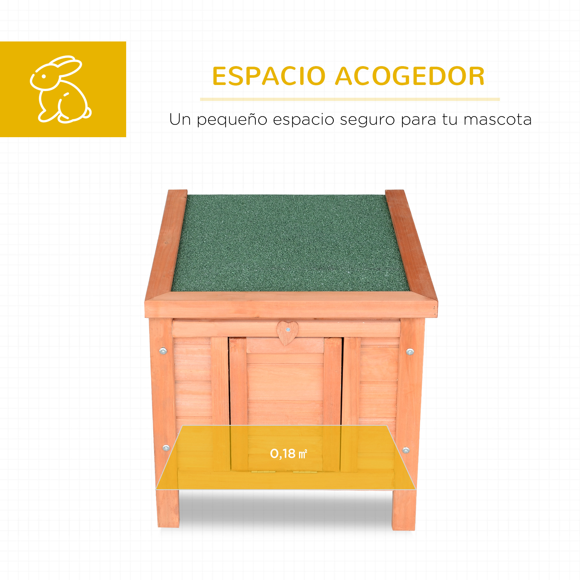 Una conejera de madera con techo verde, con texto encima: 'ESPACIO ACOGEDOR'.