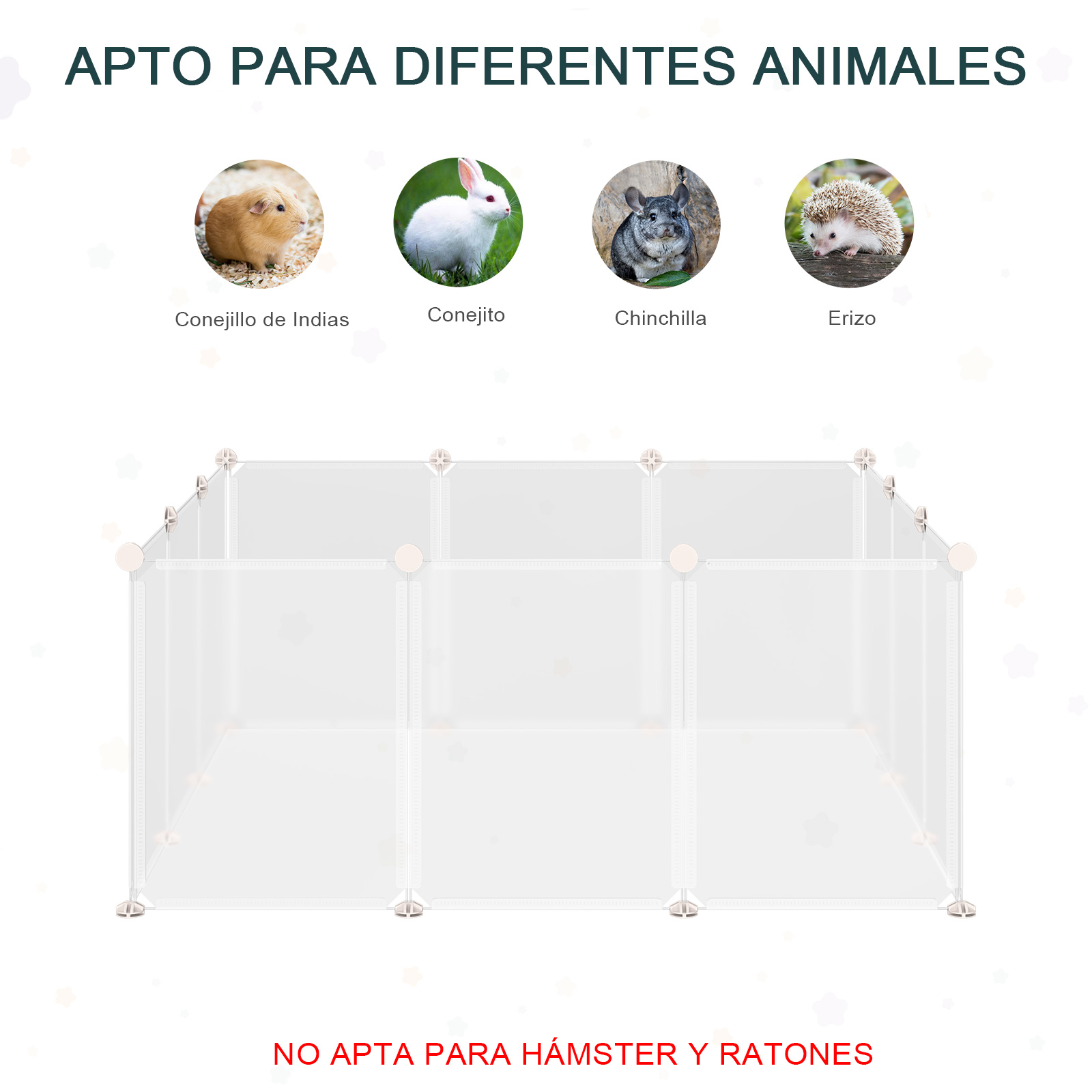 Parque para mascotas. Incluye cobaya, conejo, chinchilla y erizo. No apto para hámsters y ratones.