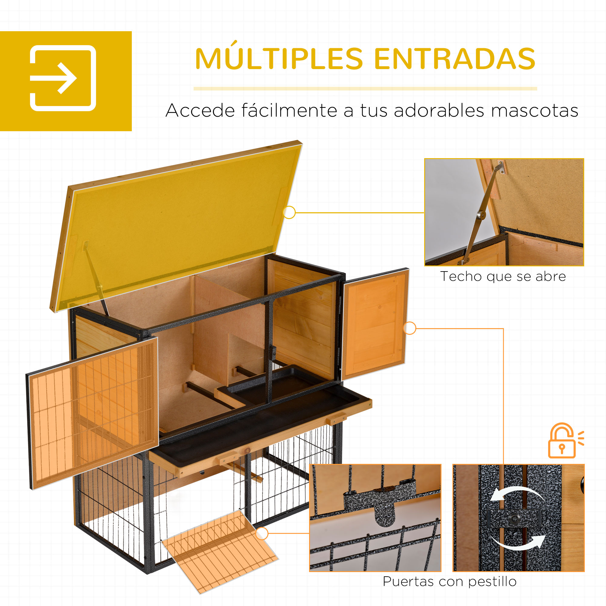 Una casa de madera para mascotas con múltiples puntos de entrada, incluyendo un techo que se abre y puertas con pestillos.