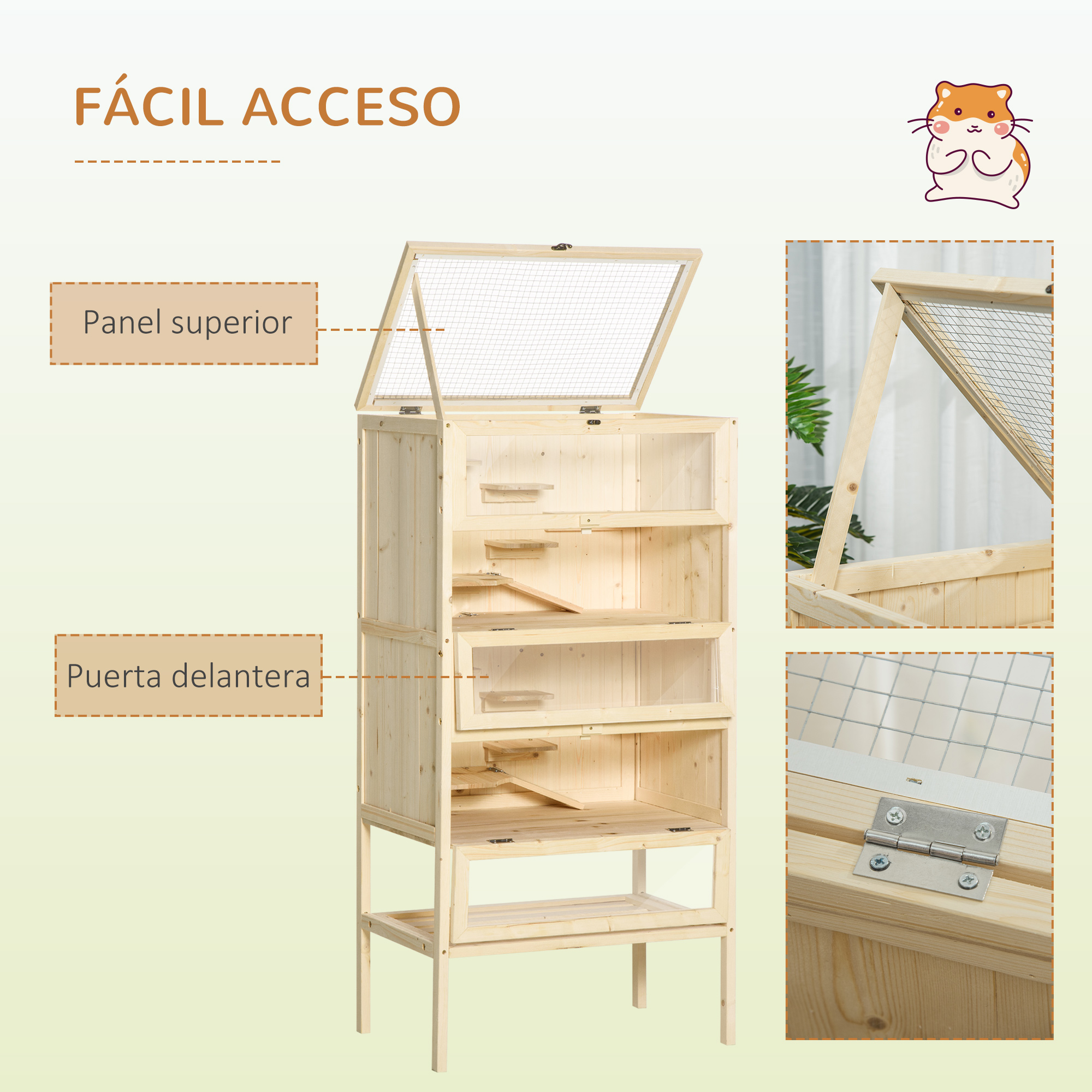 Jaula de hámster de madera con múltiples niveles, techo de malla metálica y puerta de acceso frontal.