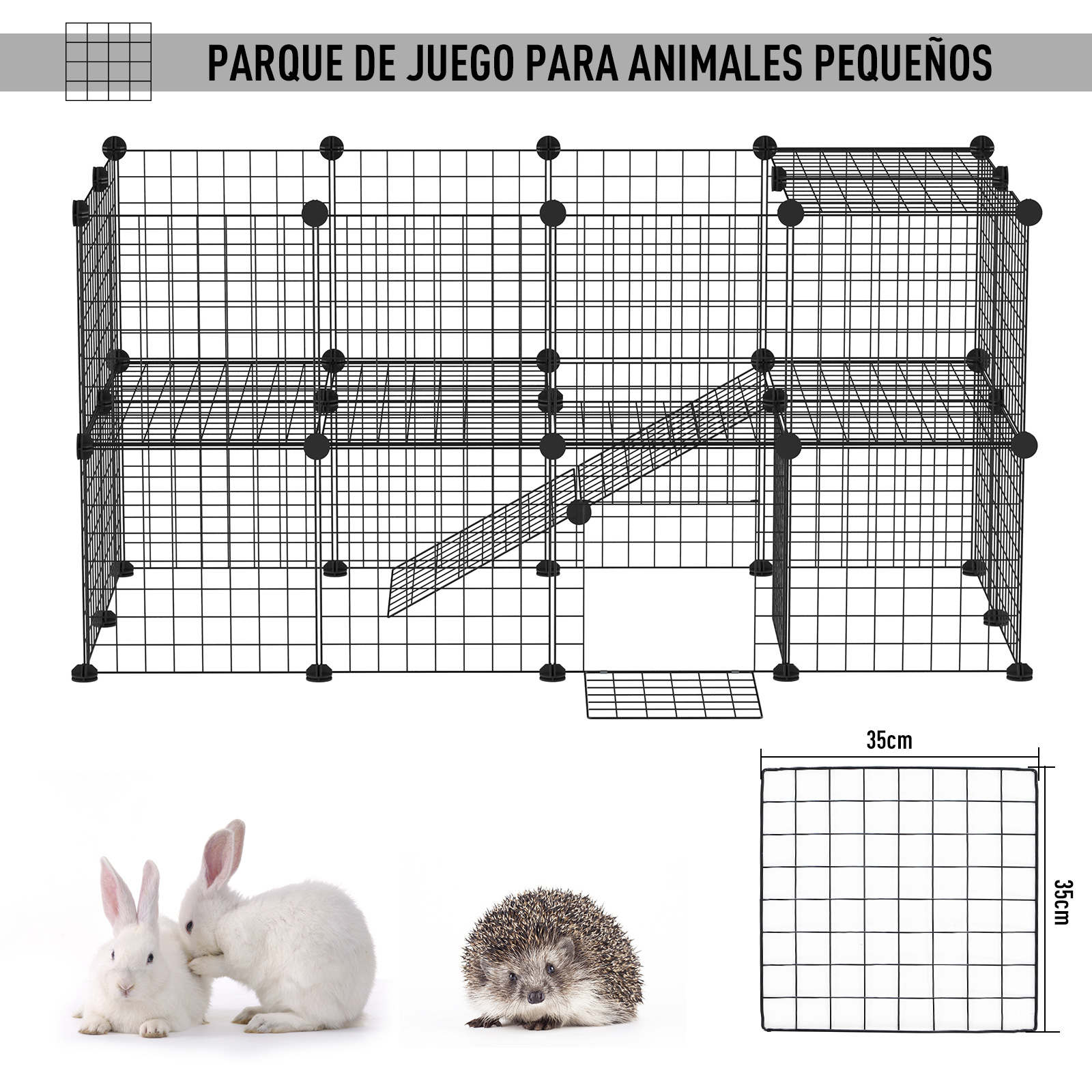 Parque de juegos para animales pequeños, malla de alambre negra, con dos conejos y un erizo. Incluye dimensiones.
