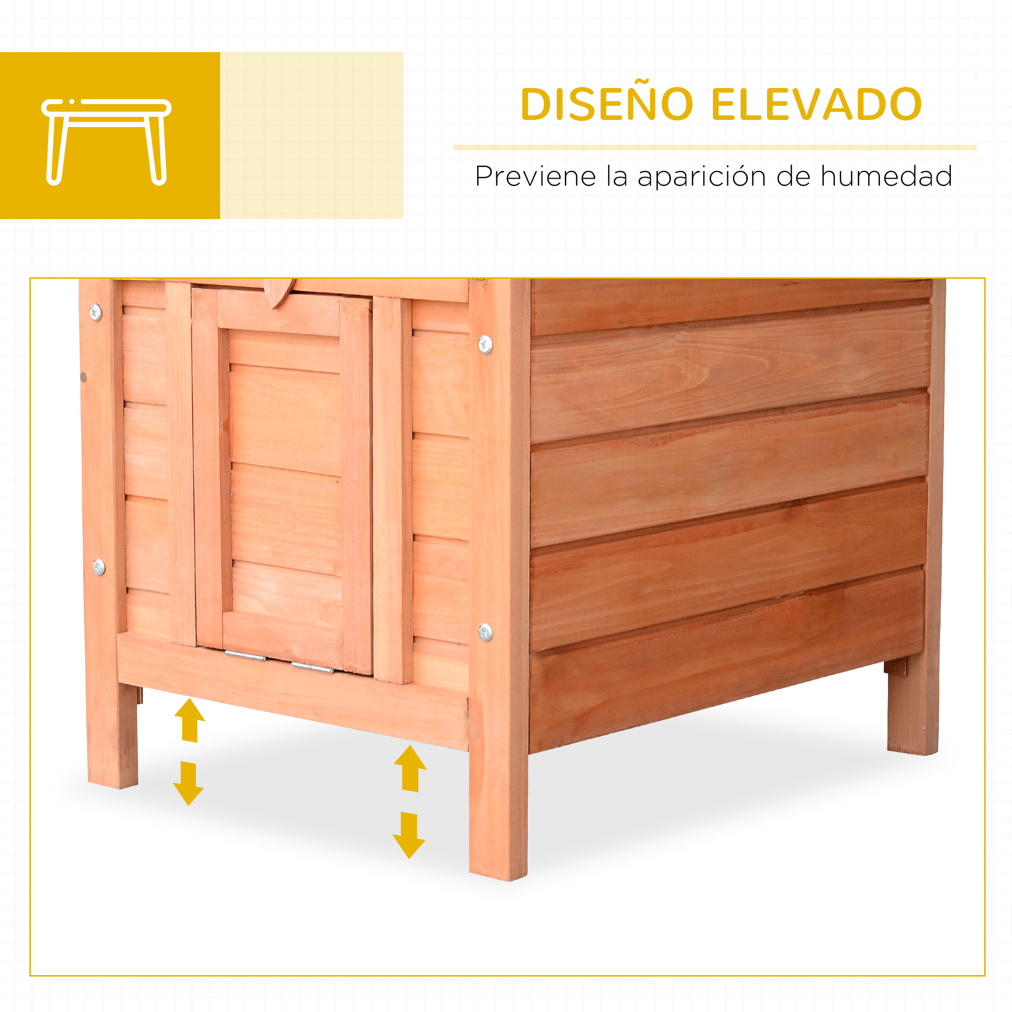 Casetta de madera con puerta pequeña. Se apoya en patas. Texto: 'PREVIENE LA HUMEDAD'.