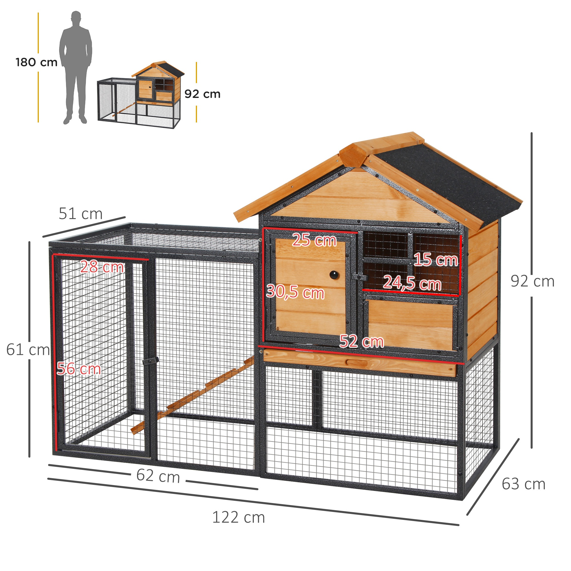 Un gallinero grande de madera con un corral, que muestra dimensiones y una persona a escala.