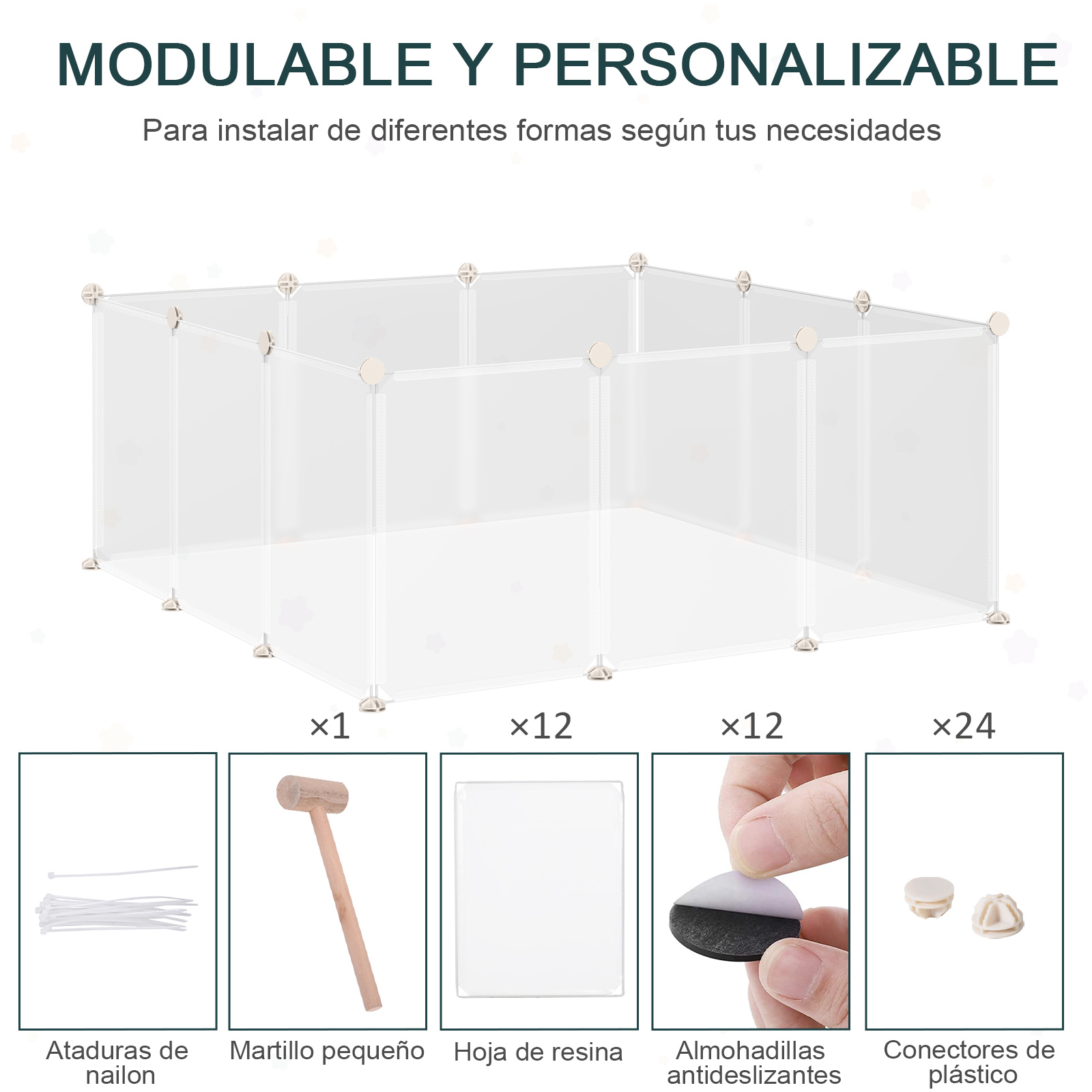 Parque para mascotas de plástico modular y personalizable, con componentes.