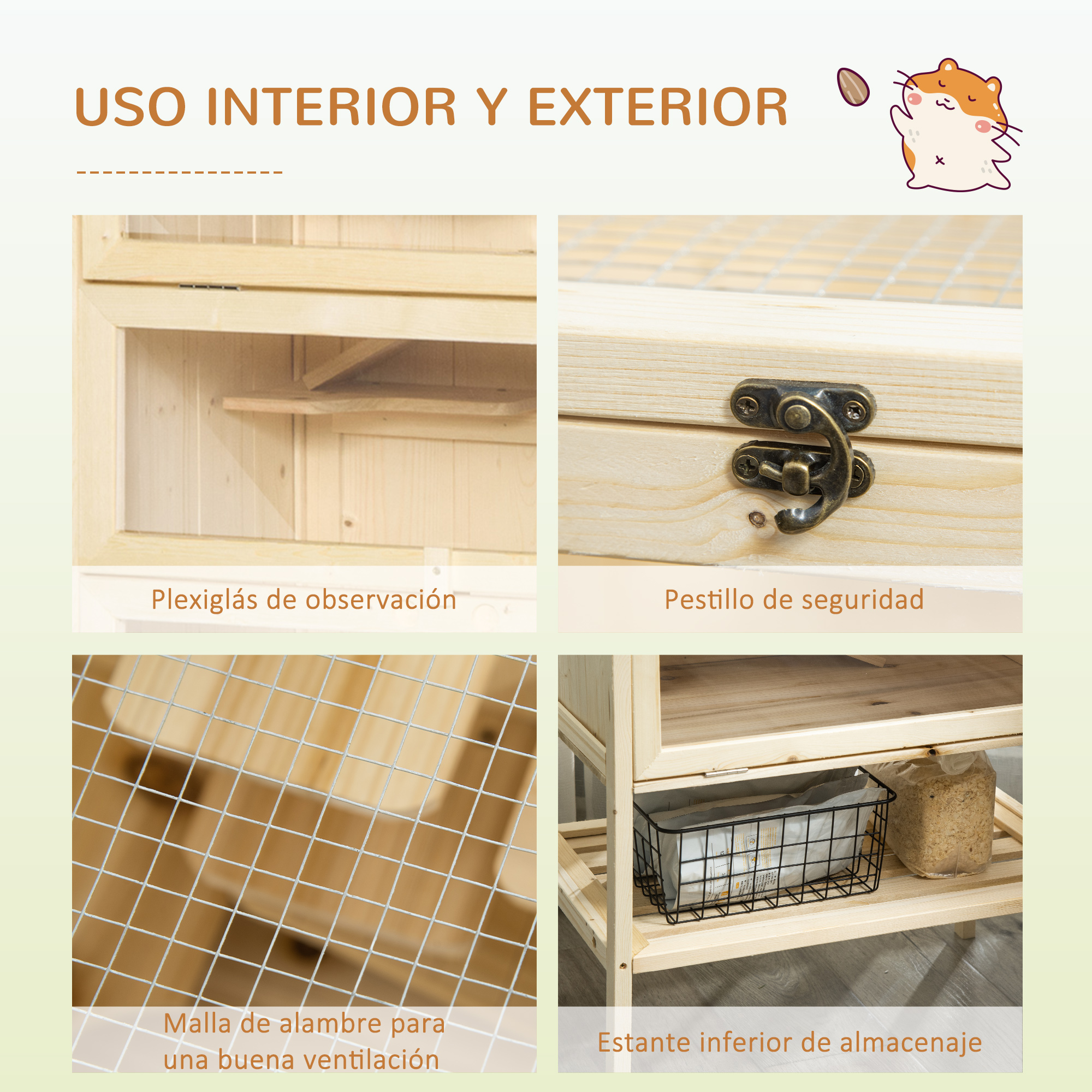 Primer plano de una jaula de madera para animales pequeños con diferentes partes. Ventana transparente, pestillo, malla de alambre, estante.