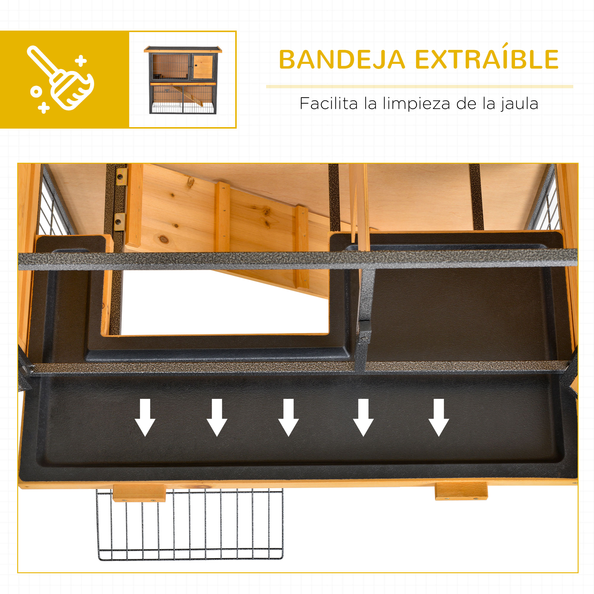Una conejera de madera con bandeja extraíble, con flechas que señalan la bandeja.