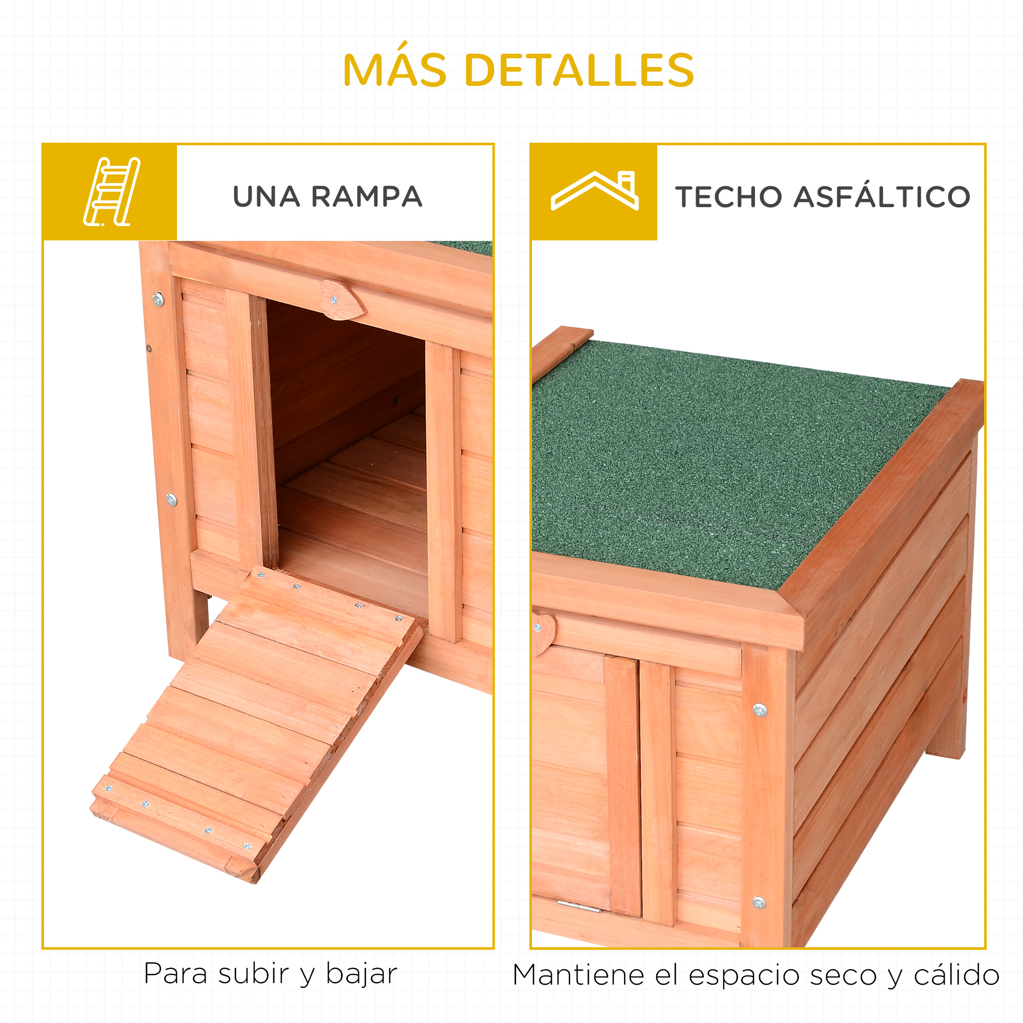 Gallinero de madera con rampa para entrar y salir, y un techo de asfalto verde.