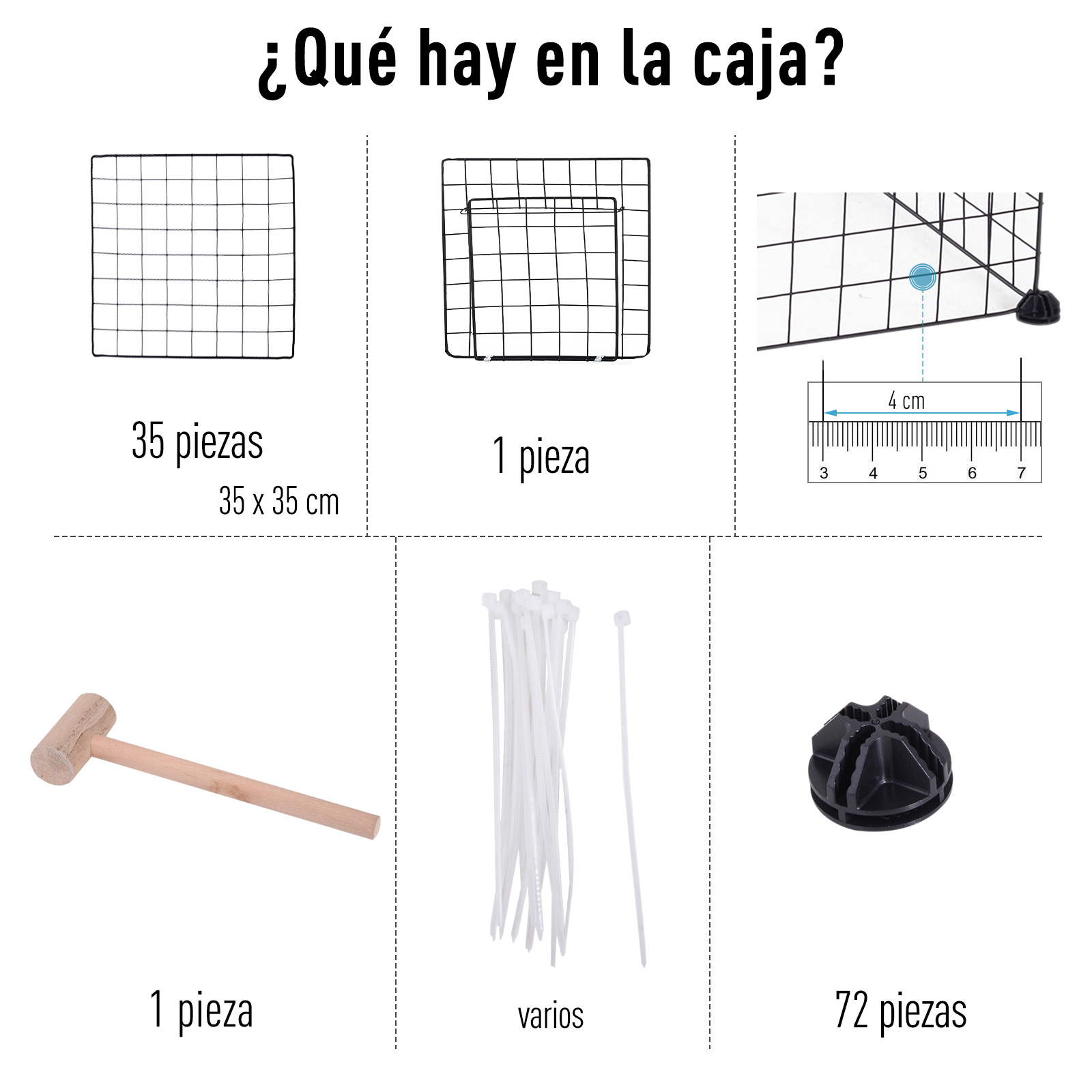 Artículos incluidos en una jaula para mascotas. Incluye rejillas de alambre, sujetadores y un mazo de madera.