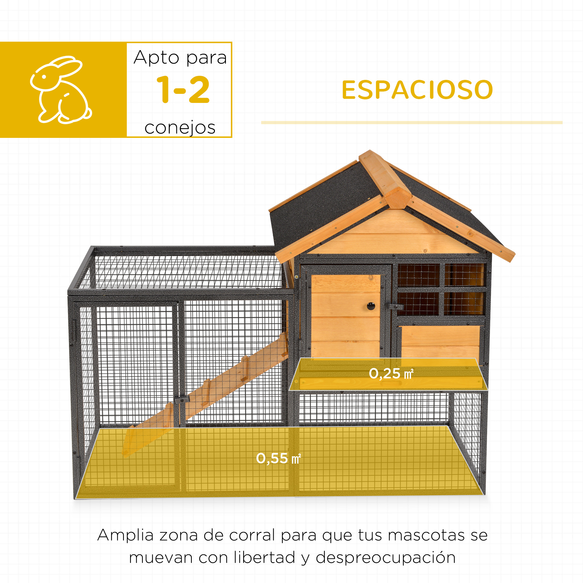Conejera con casa y zona vallada. La conejera es de madera y metal.