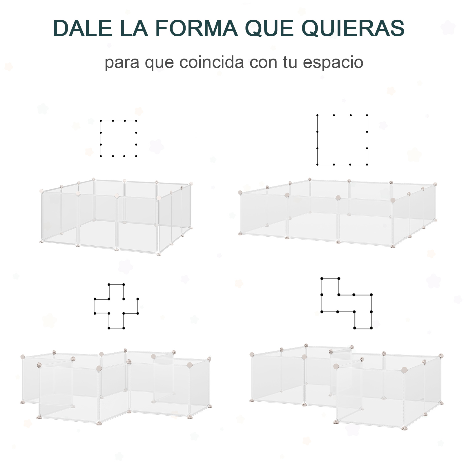 Diagrama que ilustra diferentes formas para un parque para mascotas de malla blanca. El texto indica opciones de personalización.