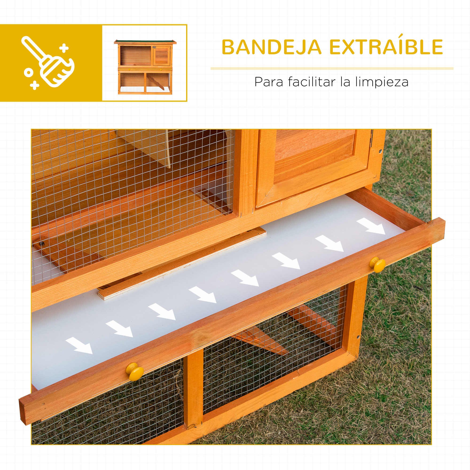 Jaula de conejo de madera con bandeja extraíble. Texto en español explica que es para fácil limpieza.