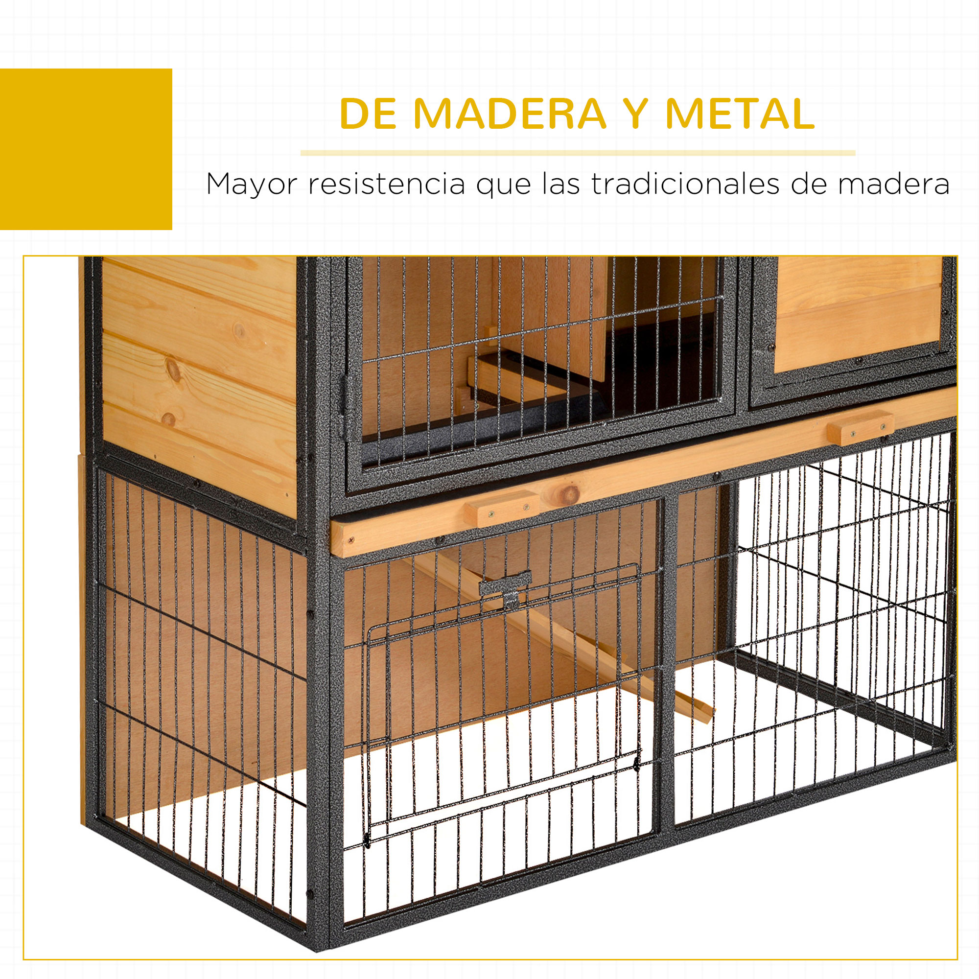 Recinto para mascotas de madera y metal. Incluye paneles de madera, barras de metal y malla.