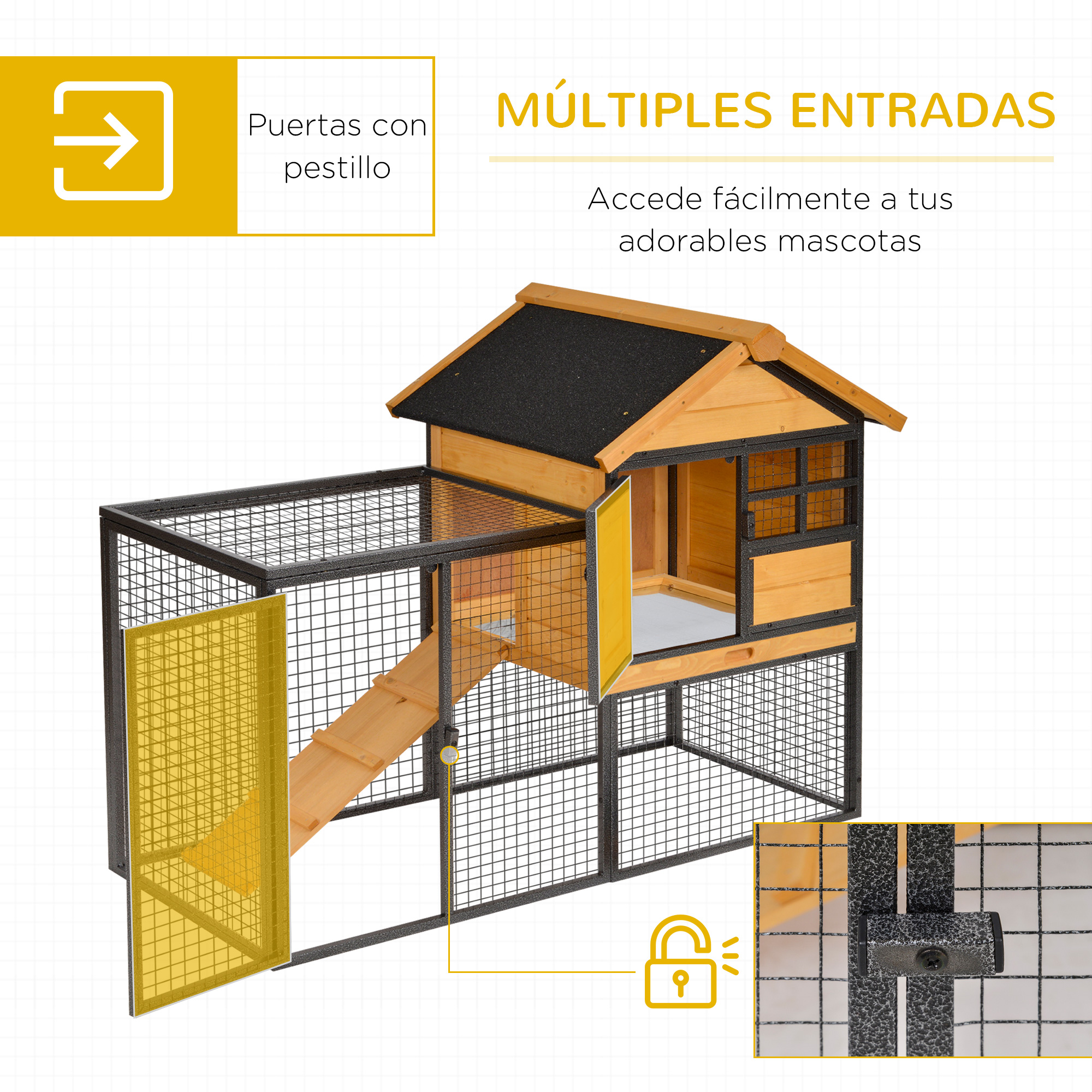 Casa de mascotas de madera con múltiples entradas y cerradura. Tiene techo y paredes de malla metálica.