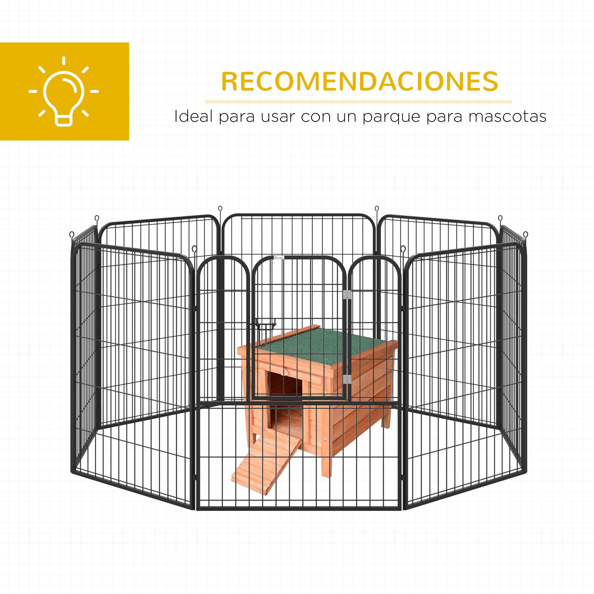 Recinto negro para mascotas. Una caseta de perro de madera está dentro. Texto: Ideal para el parque de mascotas.