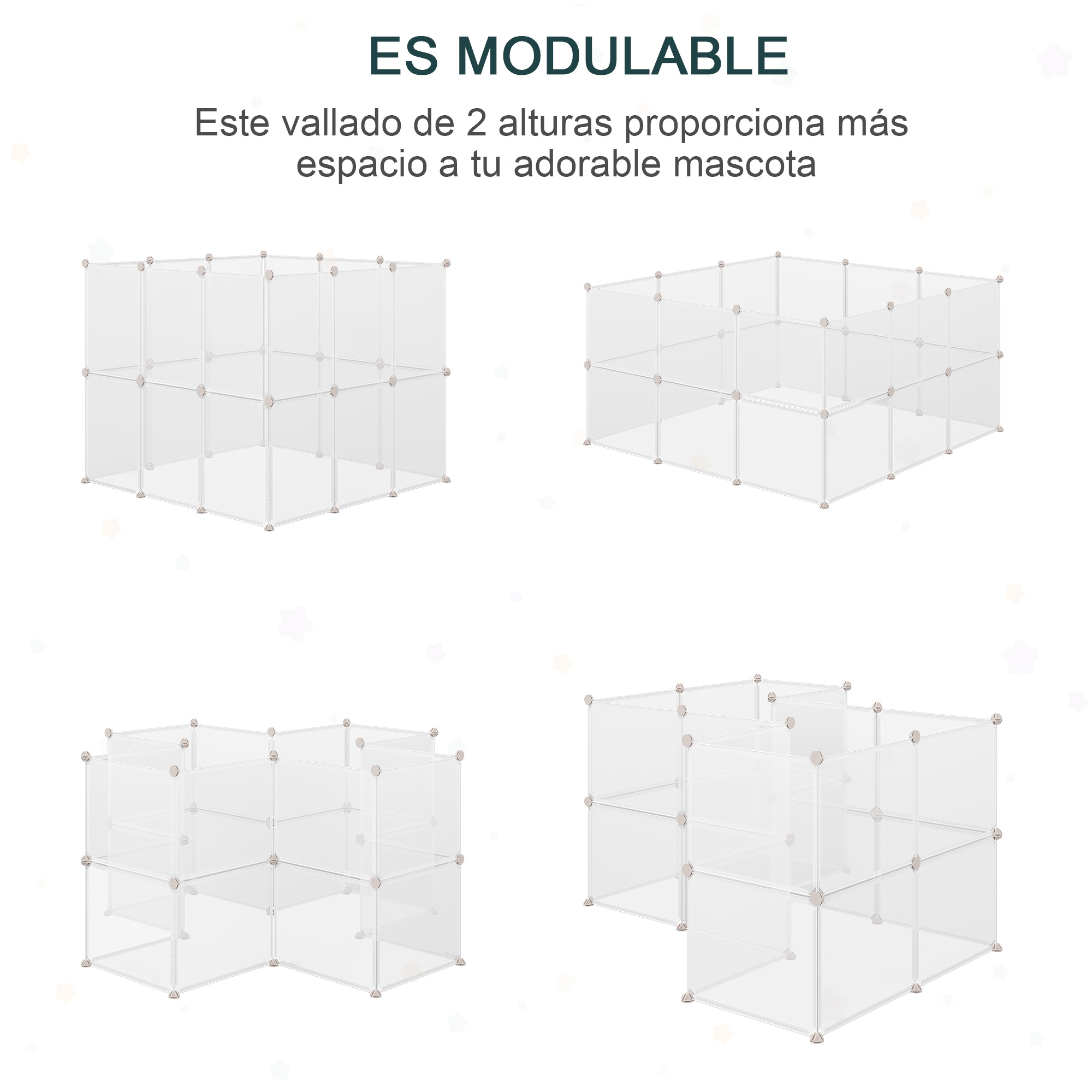 Cuatro vallas modulares blancas para mascotas con fondo blanco.