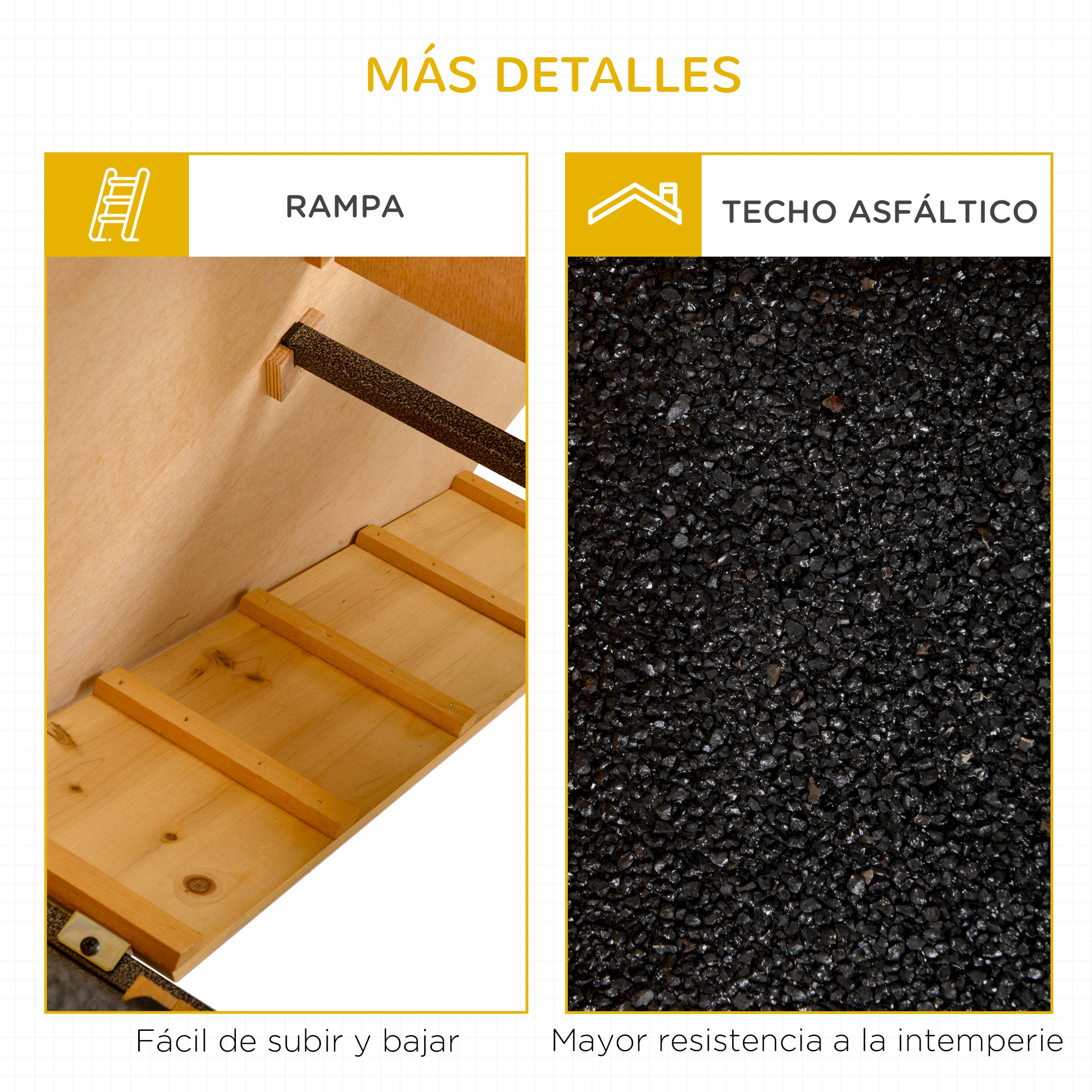 Primer plano de una rampa y un tejado asfáltico. La rampa es de madera, el tejado es negro.