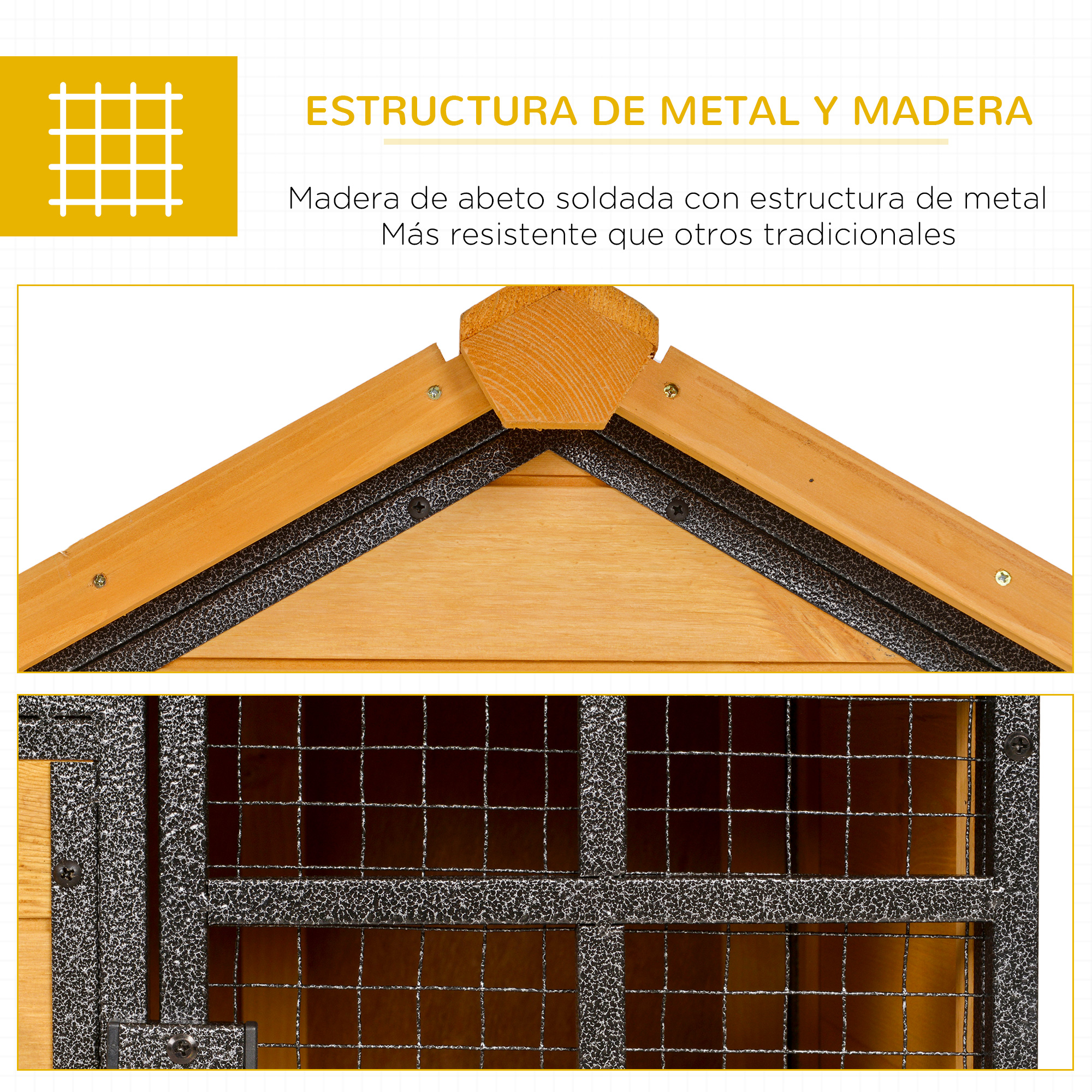 Primer plano de una estructura de madera con componentes de metal y madera, con texto en español.