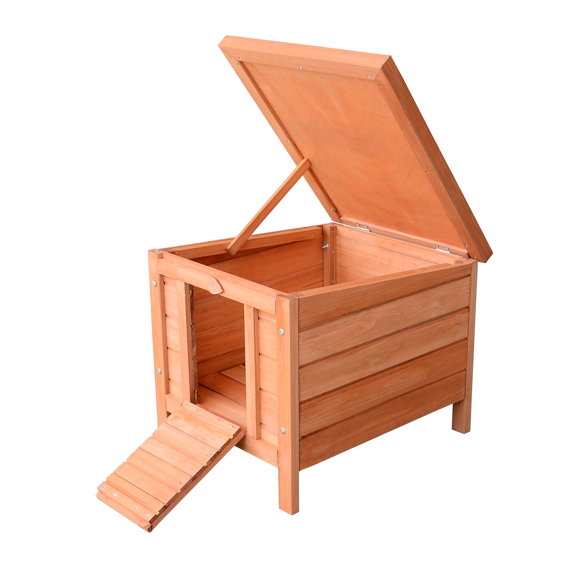 Gallinero de madera con tapa abierta y rampa. Tiene una puerta para los pollos.