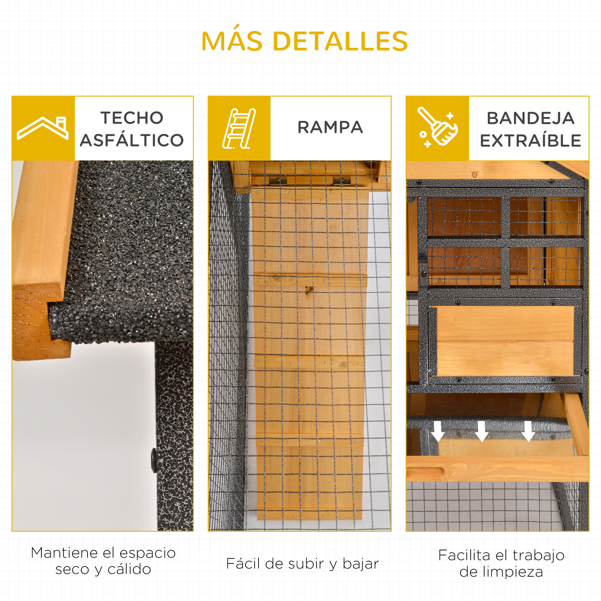 Detalles de un gallinero que muestra un techo de asfalto, rampa y una bandeja extraíble para limpiar.