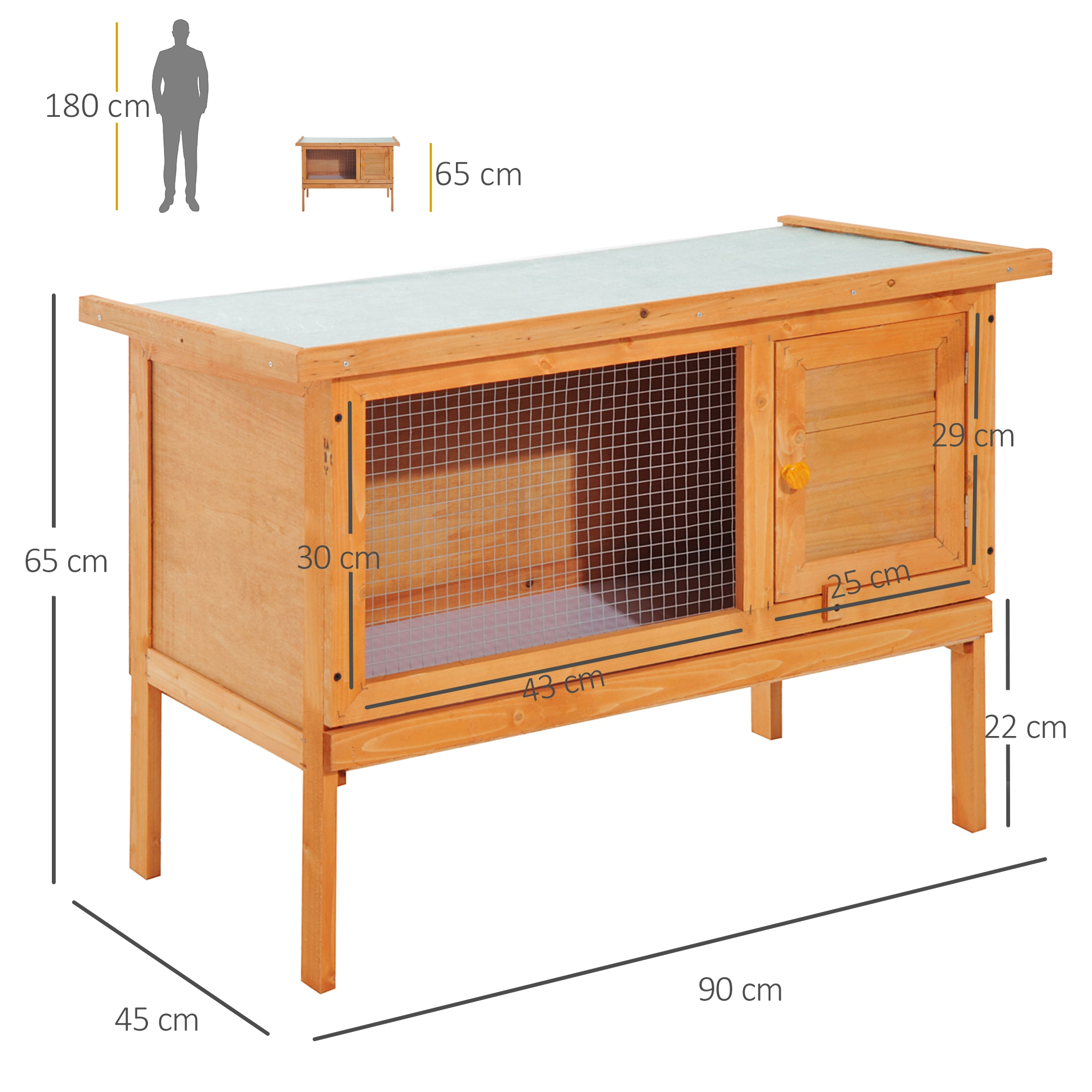 Una conejera de madera con dimensiones. Tiene una sección de malla de alambre, una puerta y un techo inclinado.