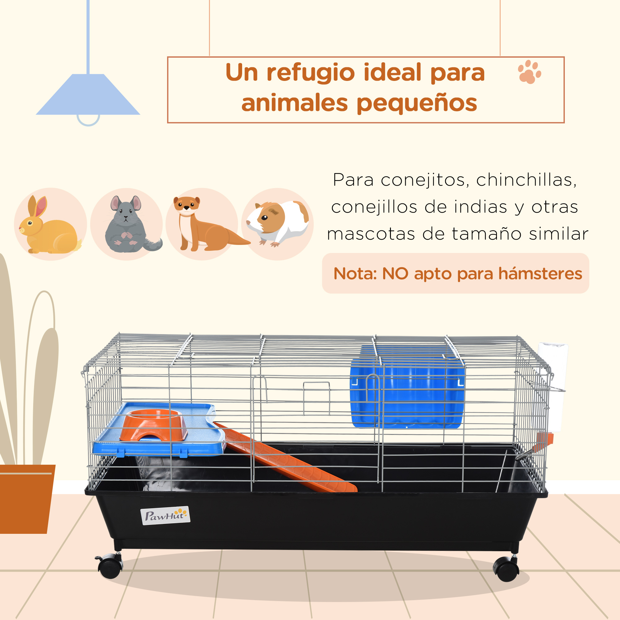 Una jaula para mascotas pequeña con base negra, con dispensador de agua y comederos, con ilustraciones de animales pequeños.