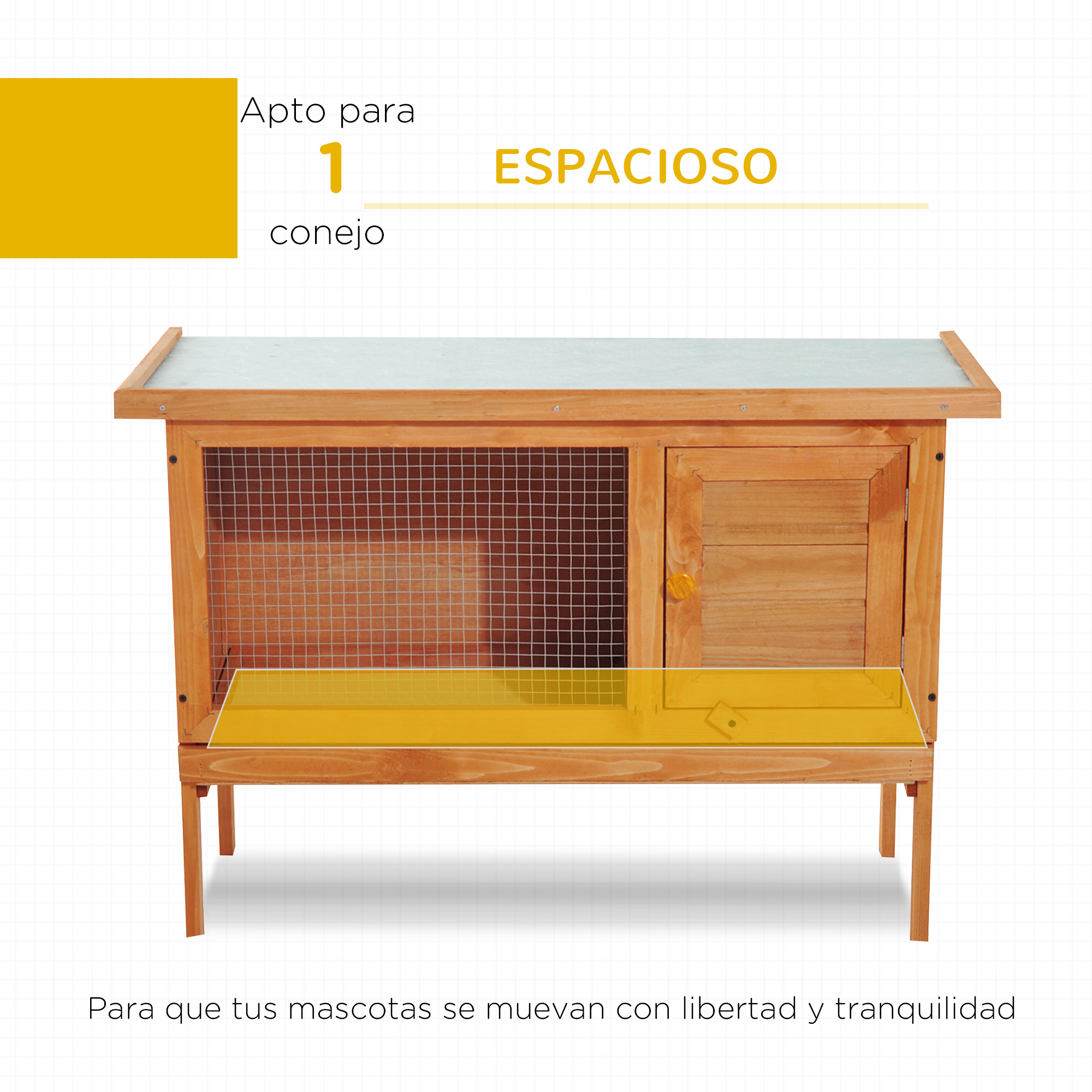 Conejera de madera con puerta cerrada, lados de malla metálica y techo transparente.