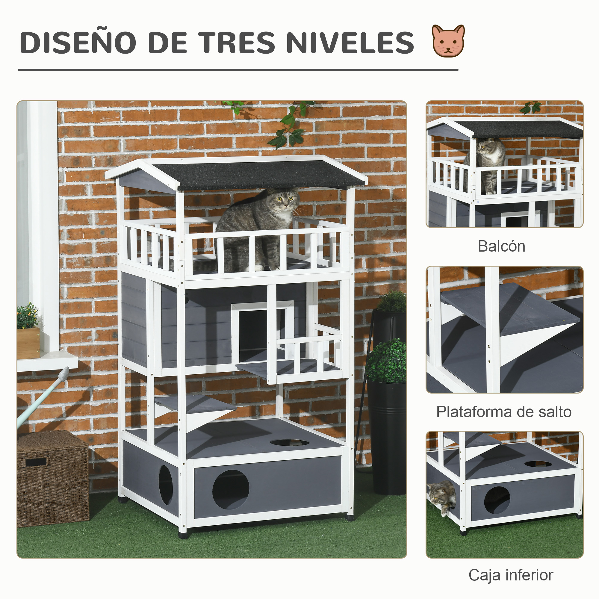 Árbol para gatos con tres niveles. Gato en el nivel superior, en el medio y en la parte inferior. Texto: diseño de tres niveles.