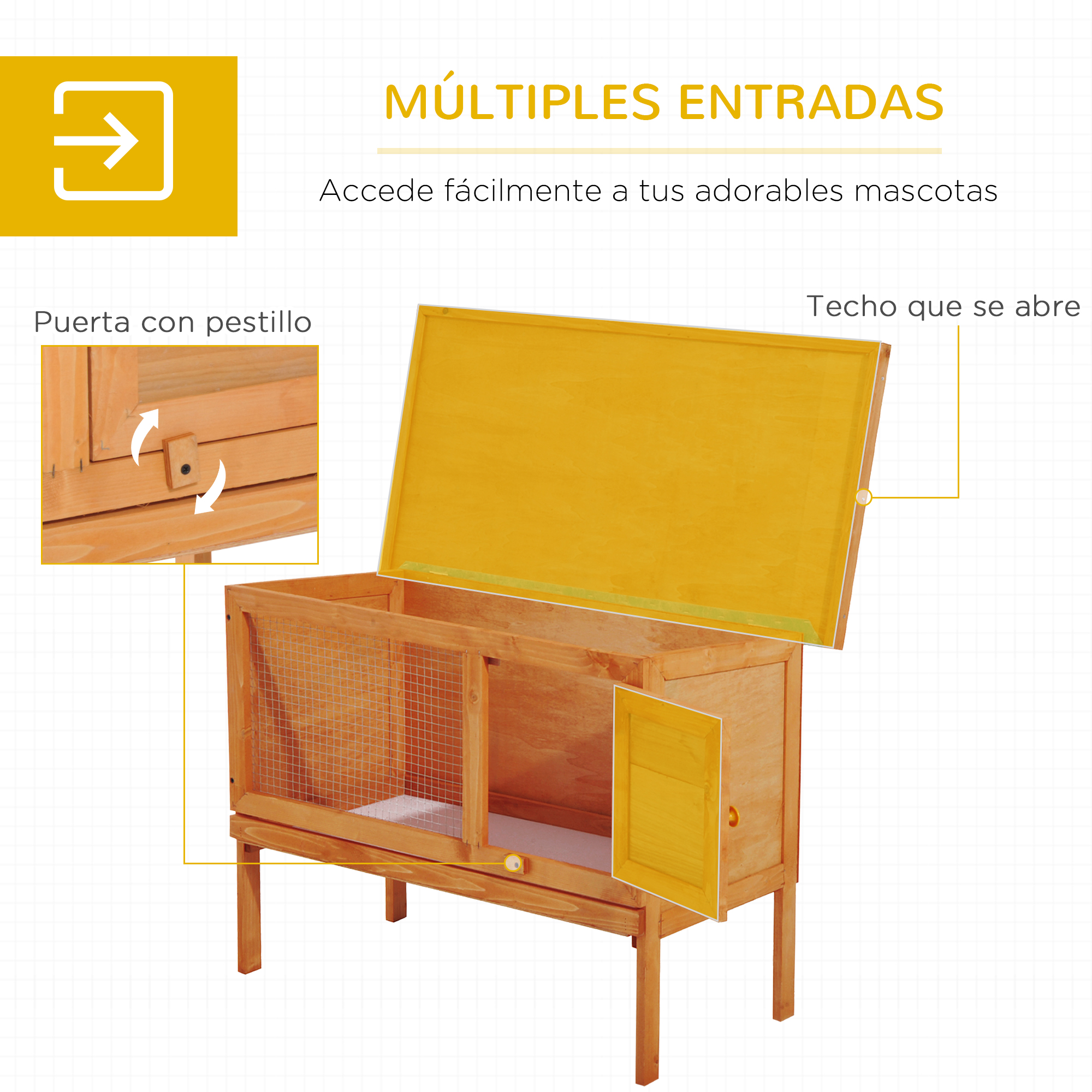 Un recinto de madera para mascotas con múltiples entradas, una puerta con pestillo y un techo que se abre.