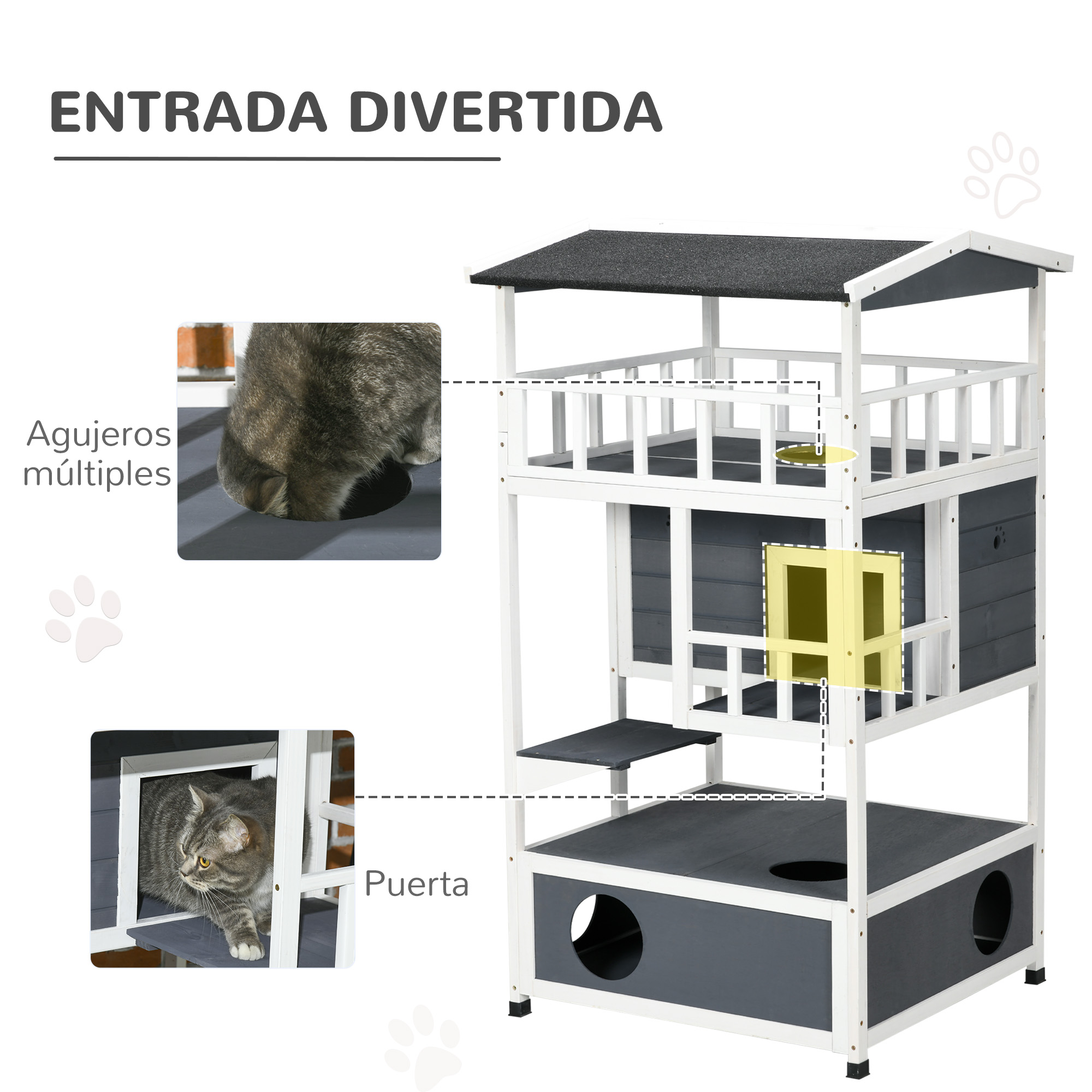 Árbol para gatos con múltiples puntos de entrada, un gato dentro y un diseño tipo casa.