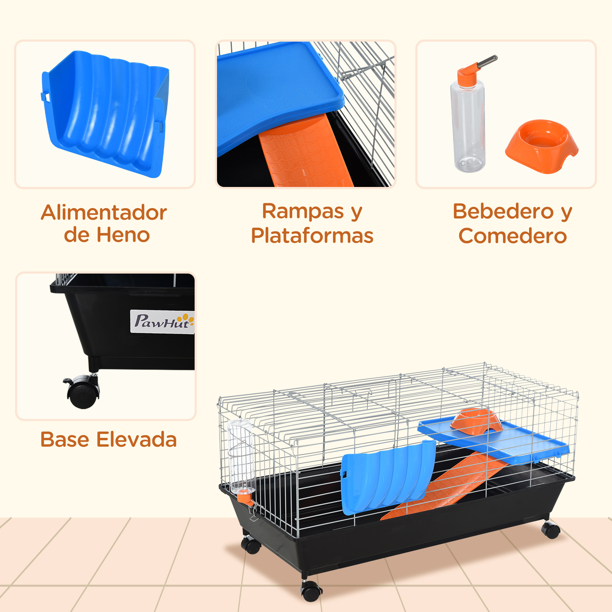 Jaula para mascotas con accesorios: comedero de heno, rampas y cuenco de agua/comida.
