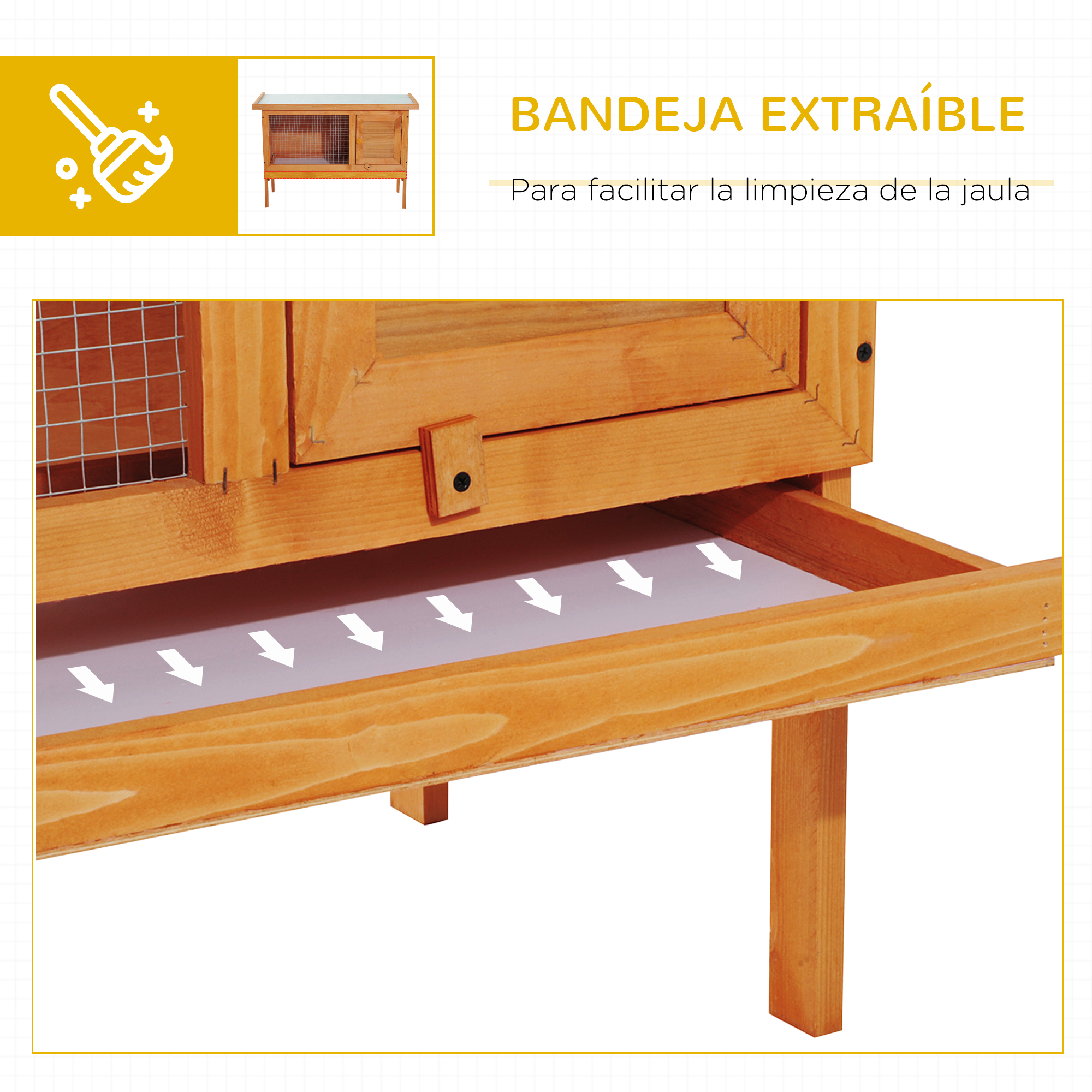 Conejera con bandeja extraíble para facilitar la limpieza. Texto: Bandeja extraíble para facilitar la limpieza de la jaula.