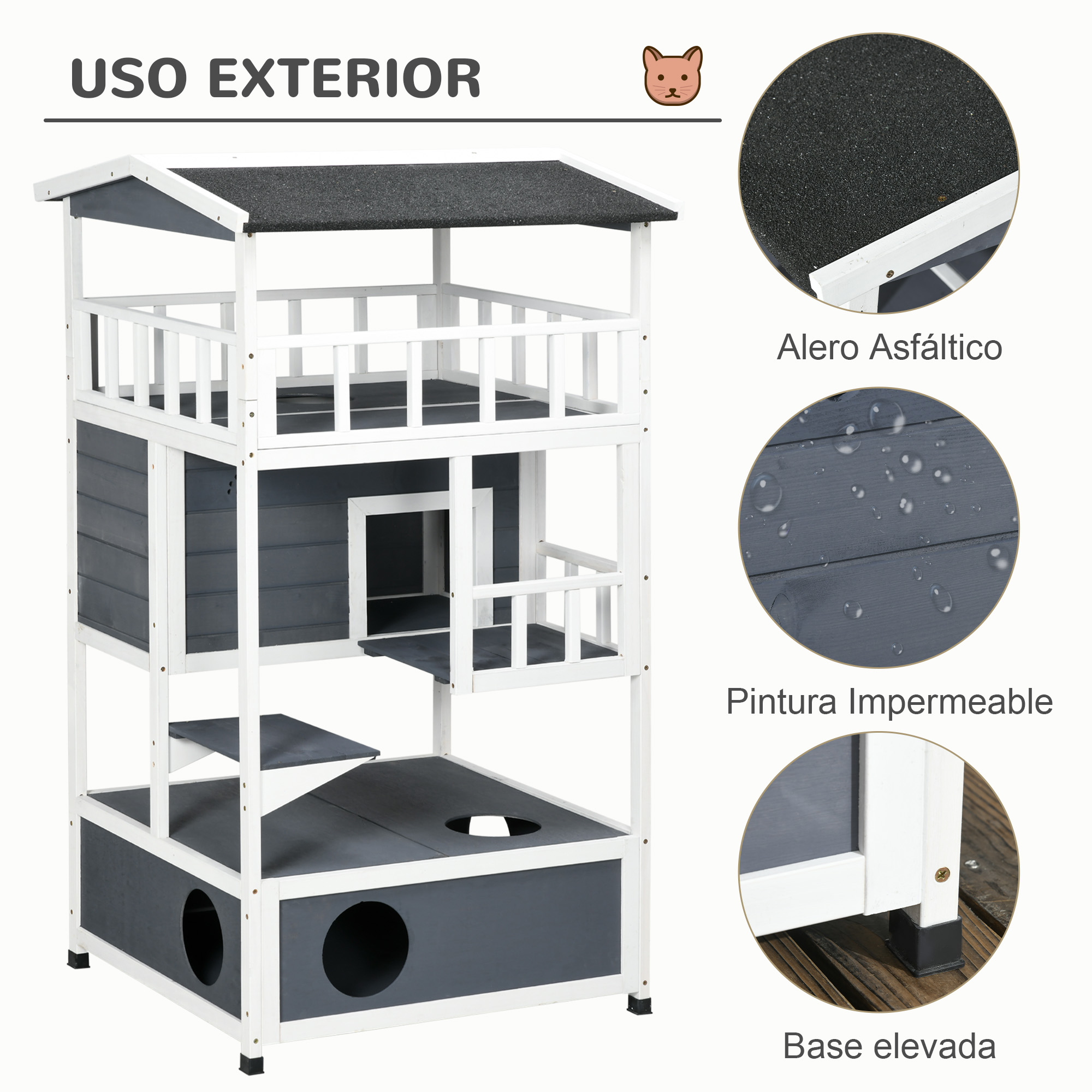 Casa para gatos al aire libre con múltiples niveles, gris y blanco. Detalles: techo asfáltico, pintura impermeable, base elevada.