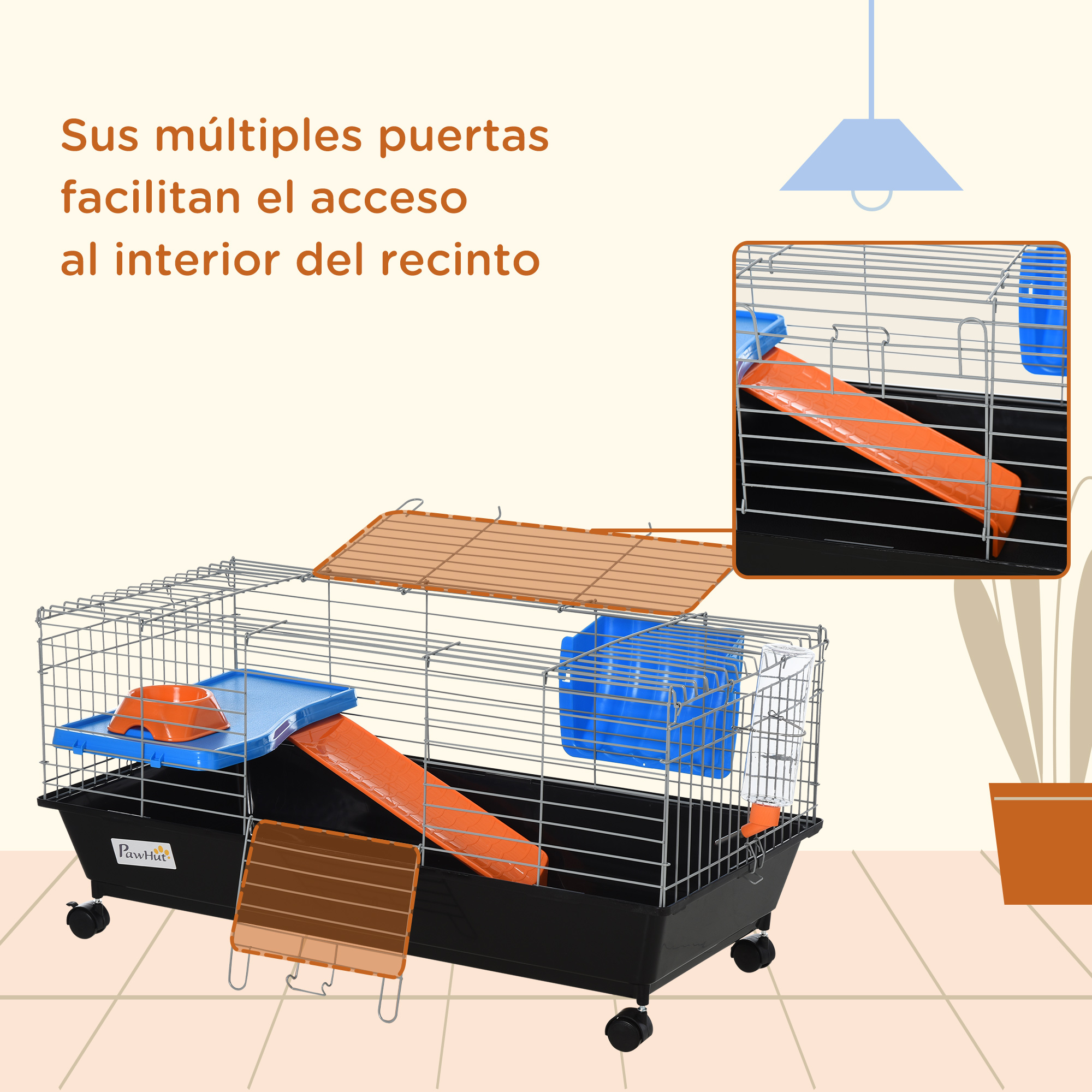 Una jaula de hámster con múltiples niveles, rampas y accesorios. Una planta en el fondo.