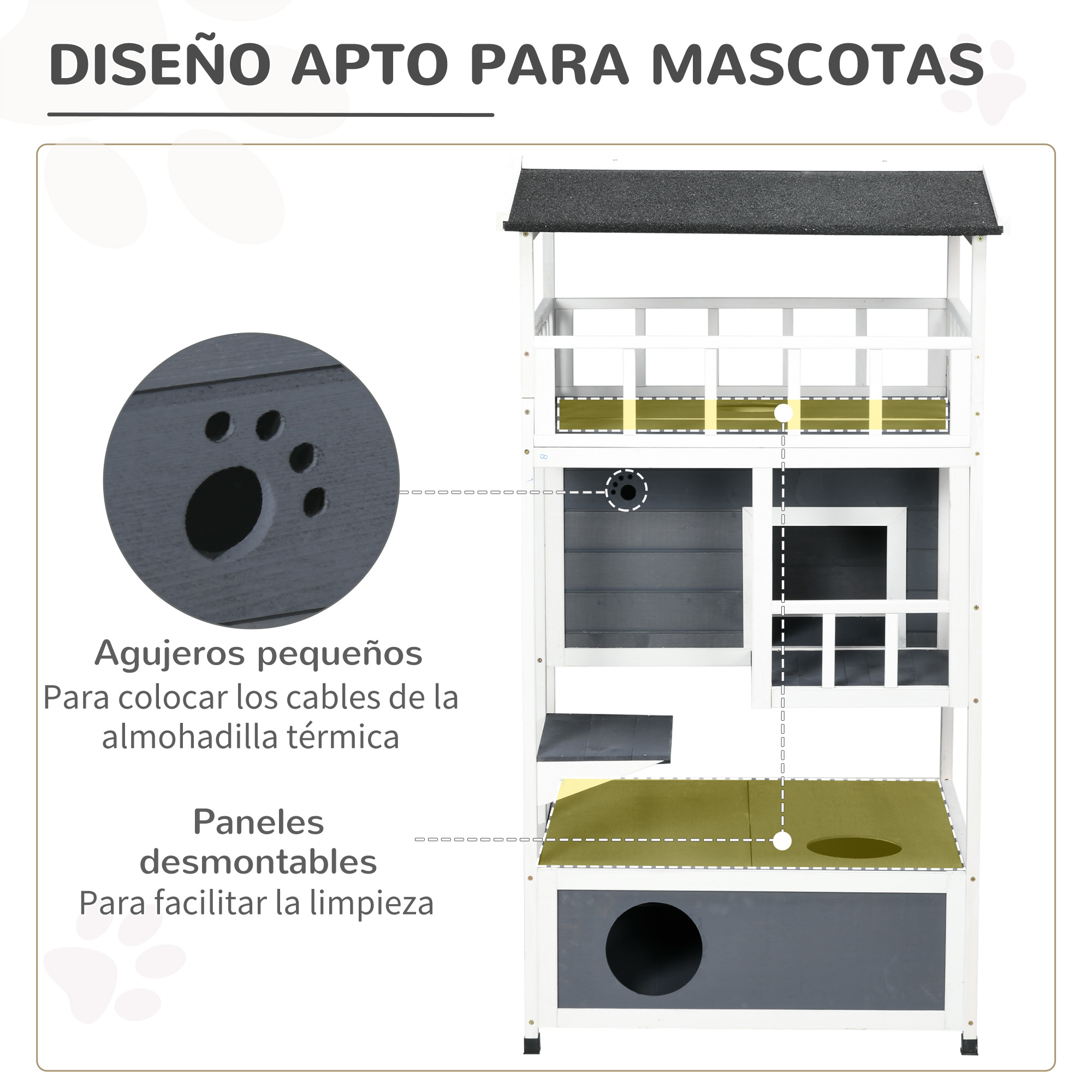 Casa para gatos de madera con múltiples niveles y texto en español.