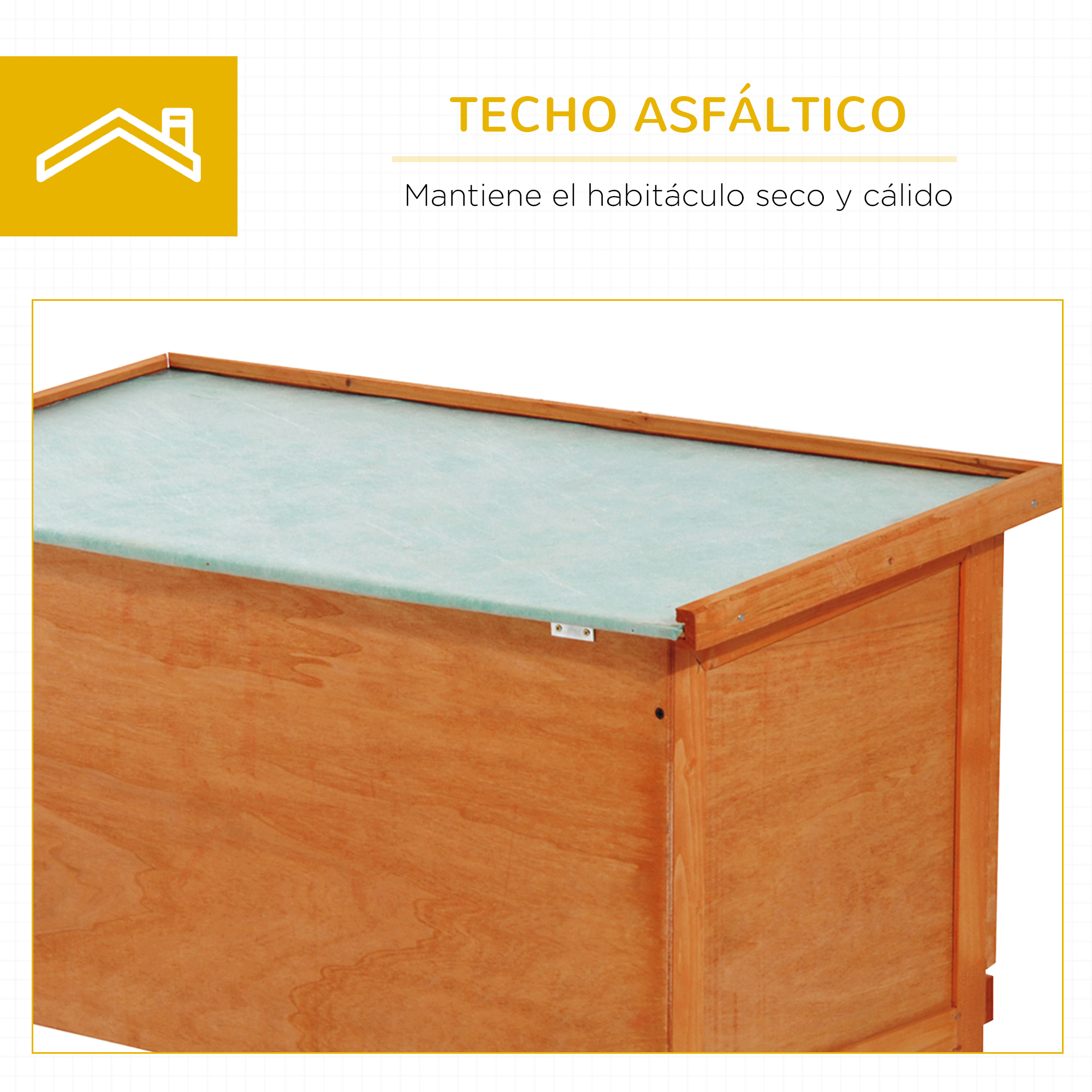 Casa para perros de madera con techo verde claro, texto: Techo asfáltico.