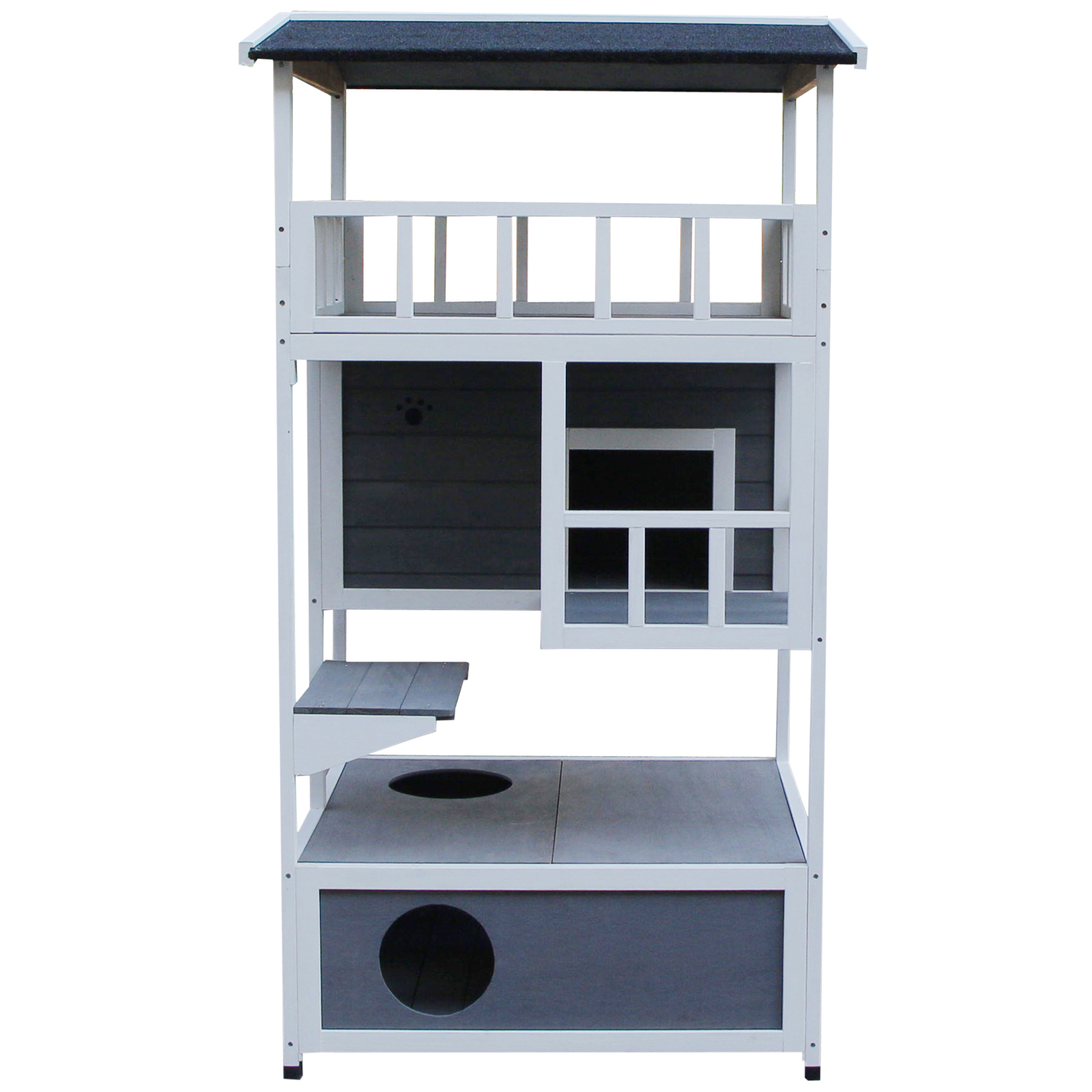 Casa para gatos de varios niveles, blanca y gris, con áreas abiertas y cerradas.