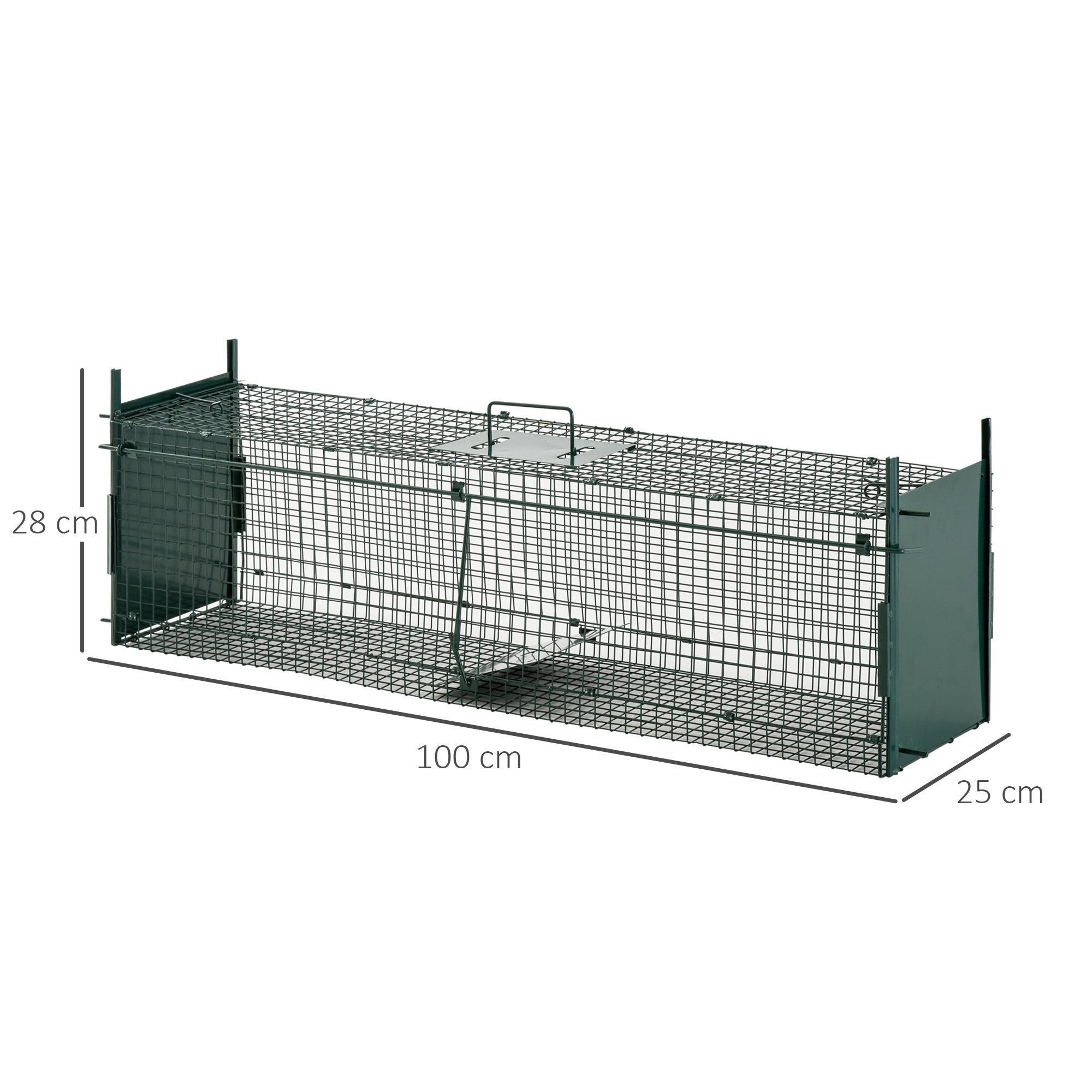 Trampa rectangular de metal para animales con lados de malla de alambre y asa superior.