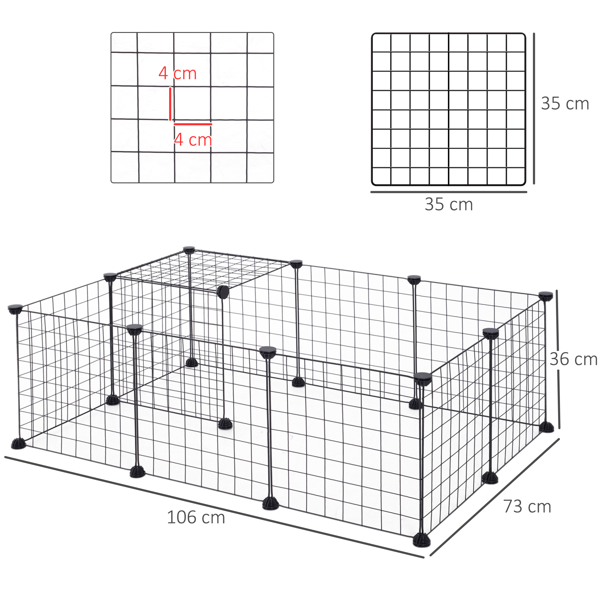 Schwarzer Draht-Haustierzaun mit Maßen. Enthält Diagramme mit Gittermaßen.